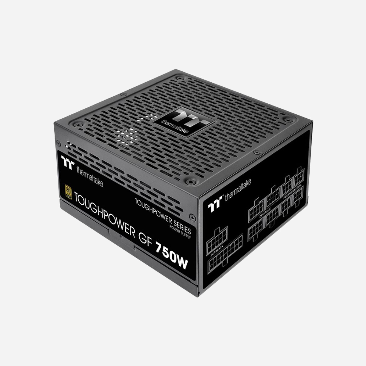 Thermaltake 750W ATX 24-pin Modulaire 80 PLUS Gold : Alimentation PC 750W (900W crête), 100-240V, Ventilateur 14cm, Câbles SATA/PCIe/Molex inclus, PFC Actif. - Thermaltake TTP-750AH3FCG-B. Puissance totale: 750 W, Tension d'entrée AC: 100 - 240 V, Puissance de crête: 900 W. Connecteur de la carte mère: 24-pin ATX, Longueur de câble d'alimentation de carte-mère: 60 cm, Longueur du câble d'alimentation SATA: 500,650,800 mm. Utilité: PC, Facteur de forme de l'unité d'alimentation: ATX, Certification 80 PLUS: 80 PLUS Gold. Couleur du produit: Noir, Type de refroidissement: Actif, Diamètre du ventilateur: 14 cm. Câbles inclus: UC, PCIe, Peripheral (Molex), SATA