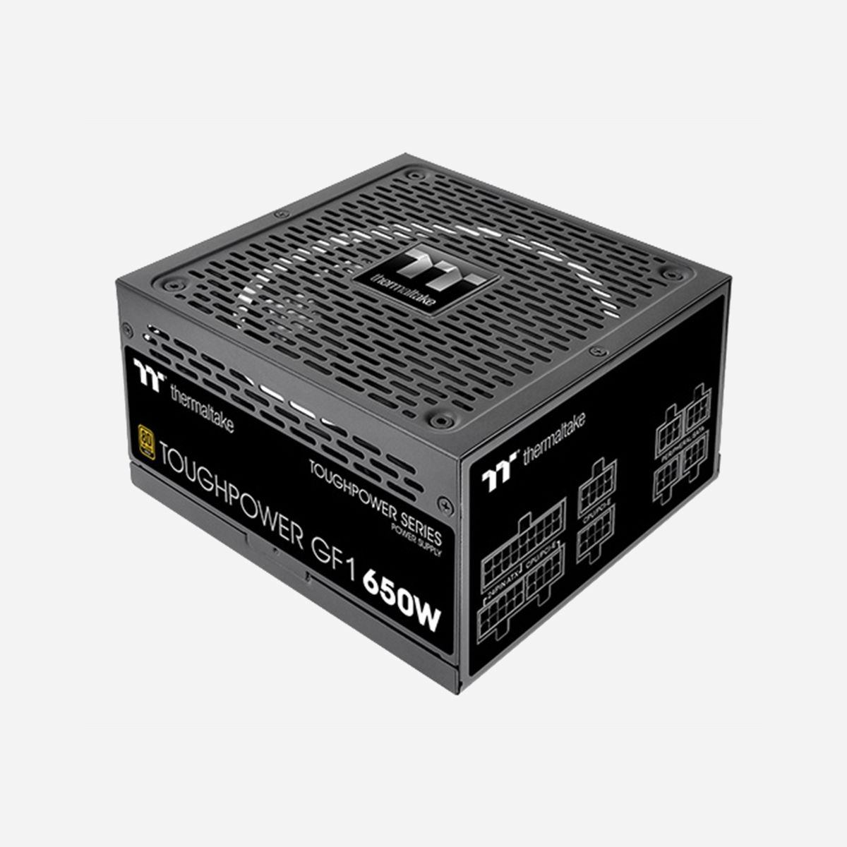 Thermaltake Toughpower 650W 80 PLUS Gold, ATX, Entièrement Modulaire, Ventilateur 14cm, PFC Actif, Protection OVP/OPP/SCP/UVP/OCP, MTBF 120000h - Thermaltake Toughpower ATX 650W Gold. Puissance totale: 650 W, Tension d'entrée AC: 100 - 240 V, Puissance de crête: 780 W. Connecteur de la carte mère: 20+4 pin ATX, Type de câblage: Entièrement modulaire. Utilité: PC, Facteur de forme de l'unité d'alimentation: ATX, Certification 80 PLUS: 80 PLUS Gold. Couleur du produit: Noir, Type de refroidissement: Actif, Diamètre du ventilateur: 14 cm. Certificats de conformité: BSMI, CE, EAC, Federal Communications Commission (FCC), TÜV SÜD mark