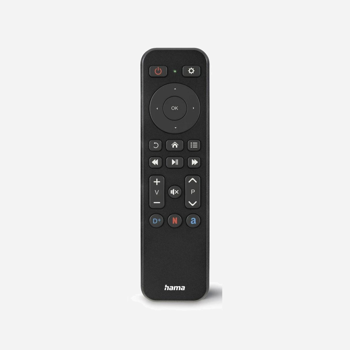 Hama 00221050 Télécommande IR Universelle - 21 Boutons, Rétroéclairage, Portée 10m, TV/SAT-STB, Alimentation 2x AAA, Noir - Rapide, direct et intuitif : voici ce qui définit aujourd’hui l’utilisation de la télévision et du streaming avec la télécommande universelle pour TV, Smart TV et appareils SAT-STB - Idéale comme télécommande de rechange ou comme alternative à la télécommande d’origine<br><br><b>Accès rapide grâce aux touches de Streaming</b><br>Pour accéder rapidement à votre série préférée : des touches d’application permettent un accès direct et rapide à vos services de streaming, de Netflix à Disney+ en passant par Amazon Prime<br><br><b>Navigation facile avec pavé directionnel</b><br>Focalisation sur les fonctions de base : les touches principales et le pavé directionnel particulièrement facile à utiliser pour une navigation aisée permettent une utilisation intuitive de la télécommande TV<br><br><b>Tient bien en main</b><br>La forme parfaite pour un zapping agréable : grâce à sa taille compacte, cette télécommande universelle tient en main de façon optimale<br><br><b>Touches éclairées</b><br>Éclairage par simple pression sur la touche : les touches principales de volume, de sélection du programme et autres s’allument pendant environ 3 secondes lorsque l’on appuie dessus - utilisation encore plus simple du volume, des canaux, des touches Home, Play et Pause, les touches ne s’éclairent que lorsque c’est nécessaire<br><br><b>Préprogrammée</b><br>Télécommande Smart TV préprogrammée : pour plus de 1 000 appareils (entre autres des marques Samsung, LG, Philips, Panasonic, Sony, Grundig et bien d’autres)<br><br><b>Sans plastique</b><br>Un emballage qui donne bonne conscience : notre emballage est 100 % sans plastique - nous réduisons ainsi les déchets plastiques et nous augmentons les possibilités de recyclage<br><br><b>FSC</b><br>Certification FSC : le papier, le carton et les cartonnages de nos emballages proviennent d’une gestion durable des forêts - nous utilisons ainsi la matière première qu’est le bois de manière à préserver les ressources