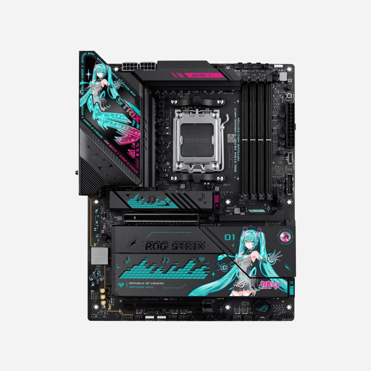 ASUS ROG STRIX X870E-H GAMING WIFI7 Edition AMD X870E Socket AM5 ATX, DDR5-SDRAM 256GB max, M.2/SATA III, Wi-Fi 7, 5GbE LAN, Realtek ALC1220P - ASUS ROG STRIX X870E-H GAMING WIFI7 HATSUNE MIKU EDITION. Fabricant de processeur: AMD, Socket de processeur (réceptable de processeur): Emplacement AM5, Processeurs compatibles: AMD Ryzen 7000 Series, AMD Ryzen 8000 Series, AMD Ryzen 9000 Series. Types de mémoire pris en charge: DDR5-SDRAM, Mémoire interne maximale: 256 Go, Canaux de mémoire: Double canal. Interfaces de lecteur de stockage prises en charge: M.2, SATA III, Types de lecteurs de stockage pris en charge: HDD & SSD, Niveaux RAID: 0, 1, 5, 10. Type d'interface Ethernet: 5 Gigabit Ethernet, Norme Wi-Fi: Wi-Fi 7 (802.11be), Standards wifi: 802.11a, 802.11b, 802.11g, Wi-Fi 4 (802.11n), Wi-Fi 5 (802.11ac). composant pour: PC, Elément de forme de carte mère: ATX, famille de composant de produits: AMD