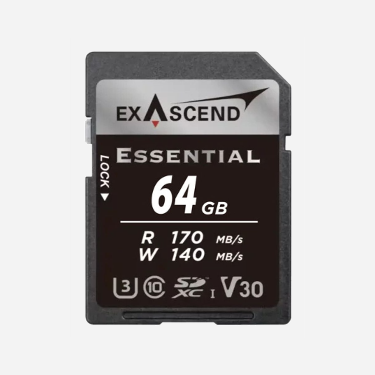 Exascend ESSENTIAL 64 Go SDXC UHS-I U3 V30 Classe 10 : Lecture 170 Mo/s, Écriture 140 Mo/s, Température d'opération -25°C à 85°C - Exascend ESSENTIAL. Capacité: 64 Go, Type de Carte Flash: SDXC, Classe de mémoire Flash: Classe 10, Type de mémoire interne: UHS-I, Vitesse de lecture: 170 Mo/s, Vitesse d'écriture: 140 Mo/s, Classe de vitesse UHS: Class 3 (U3), Classe de vitesse vidéo: V30. Couleur du produit: Noir, Argent