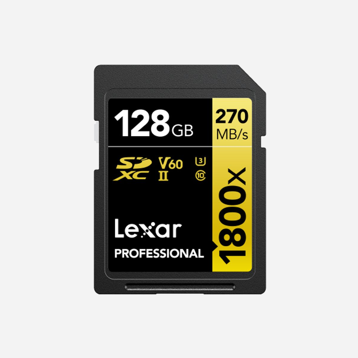 Lexar SDXC 128Go LSD1800128G-BNNNG UHS-II Classe 10 U3 V60 (270Mo/s lecture, 180Mo/s écriture) résistante (Chocs, Température, Rayons X) - Lexar LSD1800128G-BNNNG. Capacité: 128 Go, Type de Carte Flash: SDXC, Classe de mémoire Flash: Classe 10, Type de mémoire interne: UHS-II, Vitesse de lecture: 270 Mo/s, Vitesse d'écriture: 180 Mo/s, Classe de vitesse UHS: Class 3 (U3), Classe de vitesse vidéo: V60. Fonctions de protection: Résistant aux chocs, Résistant à une température, Anti-vibration, Imperméable, Résistant aux..., Couleur du produit: Noir