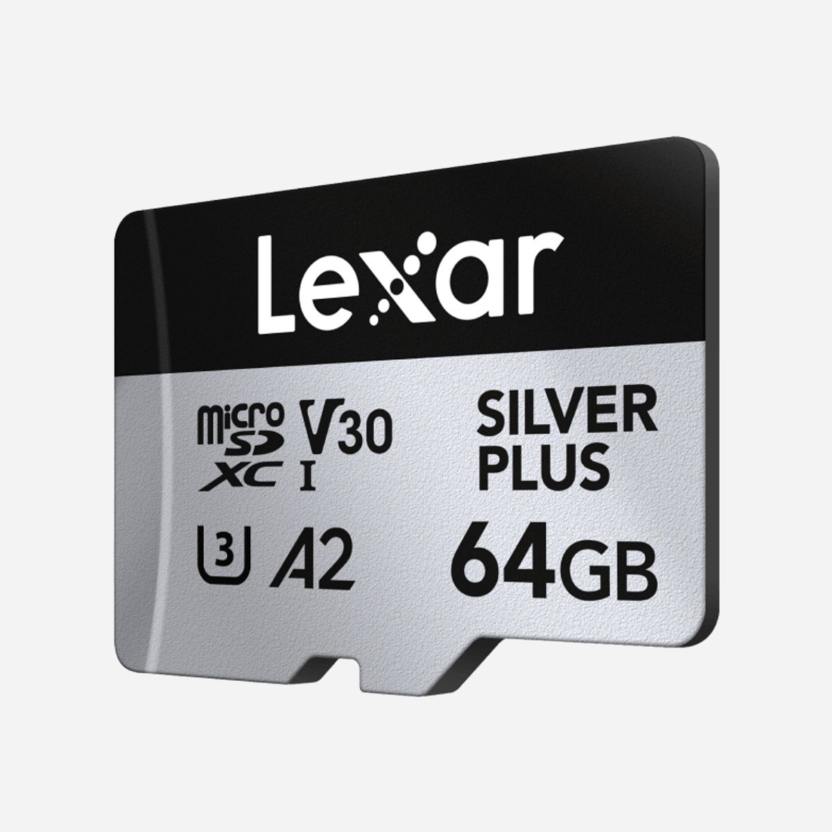 Lexar Professional SILVER PLUS MicroSDXC 64 Go UHS-I U3 V30 A2, Lecture 205 Mo/s, Écriture 100 Mo/s, Résistante Température/Chocs/Rayons X - Lexar Professional SILVER PLUS. Capacité: 64 Go, Type de Carte Flash: MicroSDXC, Classe de mémoire Flash: Classe 3, Type de mémoire interne: UHS-I, Vitesse de lecture: 205 Mo/s, Vitesse d'écriture: 100 Mo/s, Classe de vitesse UHS: Class 3 (U3), Classe de vitesse vidéo: V30. Fonctions de protection: Résistant à une température, Résistant à un aimant, Résistant aux chocs, Résistant aux..., Couleur du produit: Noir, Argent