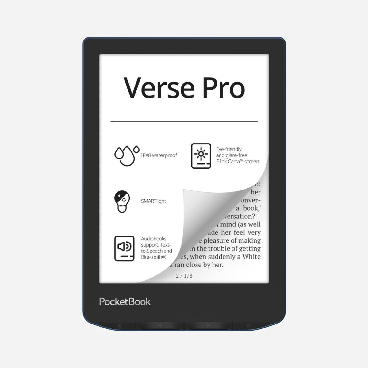 PocketBook Verse Pro - Liseuse tactile E Ink Carta 6" 1072x1448 16Go Noir/Bleu - RAM 512Mo, CPU 1GHz Dual-Core, WiFi, Bluetooth 4.0, Linux 3.10.65 - PocketBook Verse Pro. Taille de l'écran: 15,2 cm (6"), Technologie: E Ink Carta, Résolution de l'écran: 1072 x 1448 pixels. Prise en charge des formats de texte: ACSM, AZW, AZW3, CBR, CBZ, CHM, DOC, DOCX, DjVu, EPUB, EPUB DRM, FB2, FB2.ZIP, HTM, HTML, MOBI,..., Formats audio pris en charge: M4A, M4B, MP3, OGG, Formats d'image supportés: BMP, JPEG, PNG, TIFF. Capacité de stockage interne: 16 Go, Capacité de la RAM: 512 Mo. Fréquence du processeur: 1000 MHz. Connecteur USB: USB Type-C, Casque connection: 3,5 mm