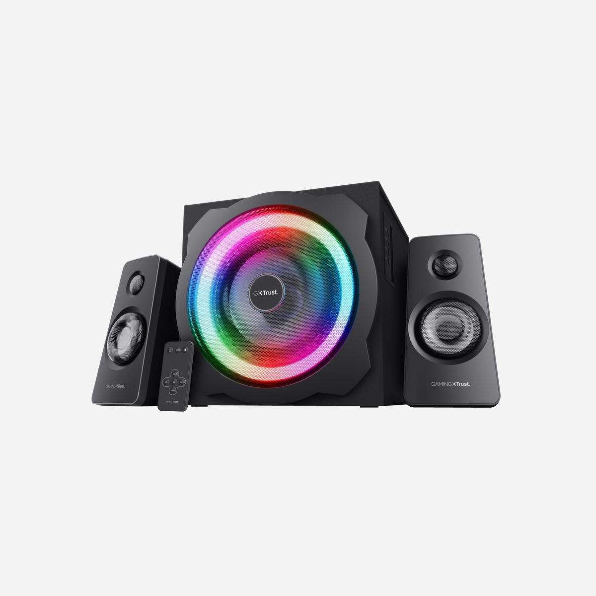 Trust GXT 629 Tytan - Système d'enceintes 2.1 60W RMS (120W PMPO), Subwoofer 30W, Satellites 15W, RGB, Télécommande sans fil, Entrée Line-in 3.5mm - <b>Des sons tout en couleur</b><br>Une puissance de graves incroyable, un son de haute qualité et un design de jeu impressionnant, le tout réuni dans le système d'enceintes GXT 629 Tytan 2.1 RVB qui changera votre expérience de jeu à jamais. Que vous jouiez aux derniers jeux, écoutiez de la musique ou regardiez des films, vous apprécierez le tout avec la meilleure sélection de sonorités disponibles. Non satisfaite de produire des sons puissants, cette enceinte est également éclatante de couleurs ! Les LED RVB clignotantes sur le caisson de basses combinées au noir mat des enceintes satellites s'assortiront à toute configuration de jeu. Vous avez le choix entre 7 couleurs fixes synchronisées avec le caisson de basses (rouge, vert, bleu, jaune, violet, bleu clair et blanc). Ou vous pouvez choisir une rotation de toutes les couleurs, une rotation lumineuse rythmée ou une synchronisation RVB avec le caisson de basses : les possibilités sont illimitées, à vous de décider !<br><br><b>Commande sans fil</b><br>Pour piloter cette puissante machine sonore, elle est fournie avec une télécommande sans fil pratique. D'un seul clic, vous pourrez régler le volume et couper le son, ajuster les basses et modifier l'éclairage, ainsi qu'allumer et éteindre votre système.<br><br><b>Gestion intelligente de l’alimentation</b><br>Le système est doté d'une fonctionnalité de gestion intelligente de l'alimentation intégrée pour économiser l'énergie. Les enceintes passent automatiquement en mode veille si elles ne sont pas utilisées durant 60 minutes. Une fois que vous relancez le jeu, elles se réactivent automatiquement. Désactivez la gestion intelligente de l'alimentation pour utiliser vos enceintes à pleine puissance en continu.
