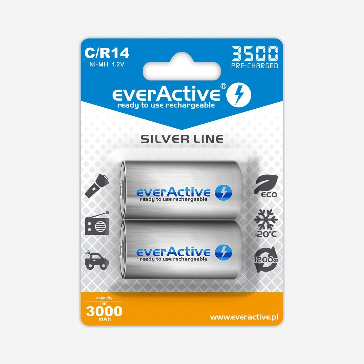 Everactive EVHRL14-3500 Batterie Rechargeable C NiMH 1.2V 3500mAh (x2) Argent, Durée de vie 1200 Cycles, Température Opérationnelle -20°C à 50°C - Everactive EVHRL14-3500. Type de batterie: Batterie rechargeable, Taille(s) de la batterie: C, Technologie batterie: Hybrides nickel-métal (NiMH). Type d'emballage: Blister