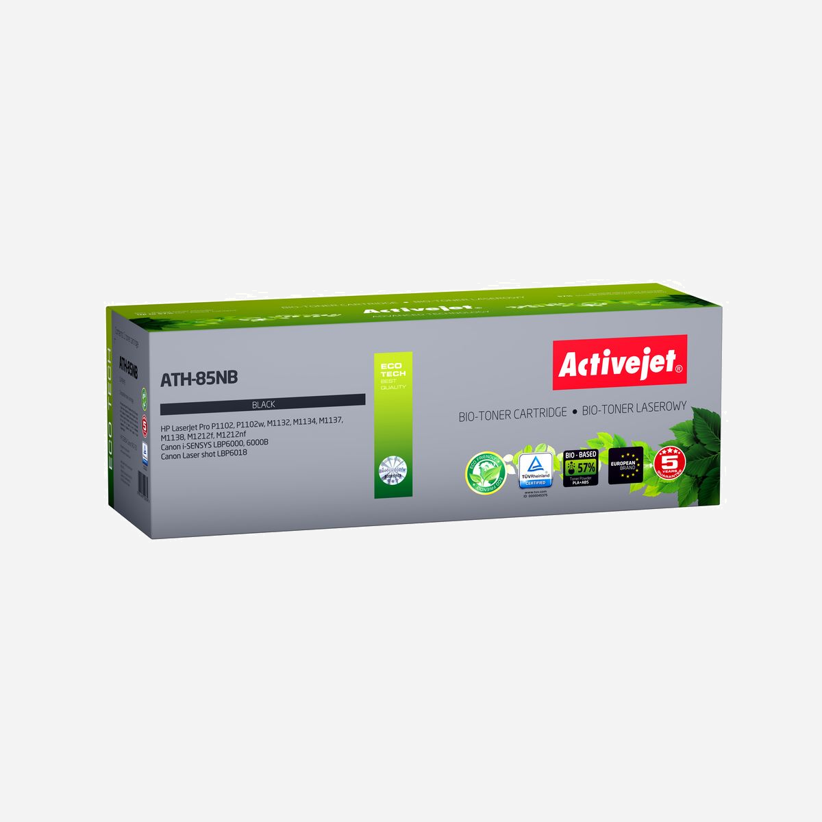 Activejet BIO Toner ATH-85NB-BIO (Remplace HP 85A CE285A, Canon CRG-725) Noir, 2000 pages, Compatible HP LaserJet Pro. Certifié ISO 9001/14001/TÜV - Activejet BIO Toner ATH-85NB pour imprimantes HP, Canon, Remplacement HP 85A CE285A, Canon CRG-725; Suprême; 2000 pages; noir.. Rendement par page de toner noir: 2000 pages, Couleurs d'impression: Noir, Quantité: 1 pièce(s)