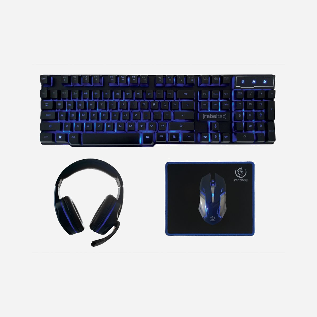 Rebeltec SHERMAN Kit Gaming USB QWERTY Anglais (Clavier 104 touches, Souris 2400 DPI, Casque) + Tapis de Souris, Rétroéclairage, Noir - Rebeltec SHERMAN. Facteur de forme du clavier: Taille réelle (100 %). Style de clavier: Droit. Technologie de connectivité: Avec fil, Interface de l'appareil: USB, Disposition des touches du clavier: QWERTY, Nombre de touches du clavier: 104, Utilisation recommandée: Gaming. Couleur du produit: Noir. Souris incluse