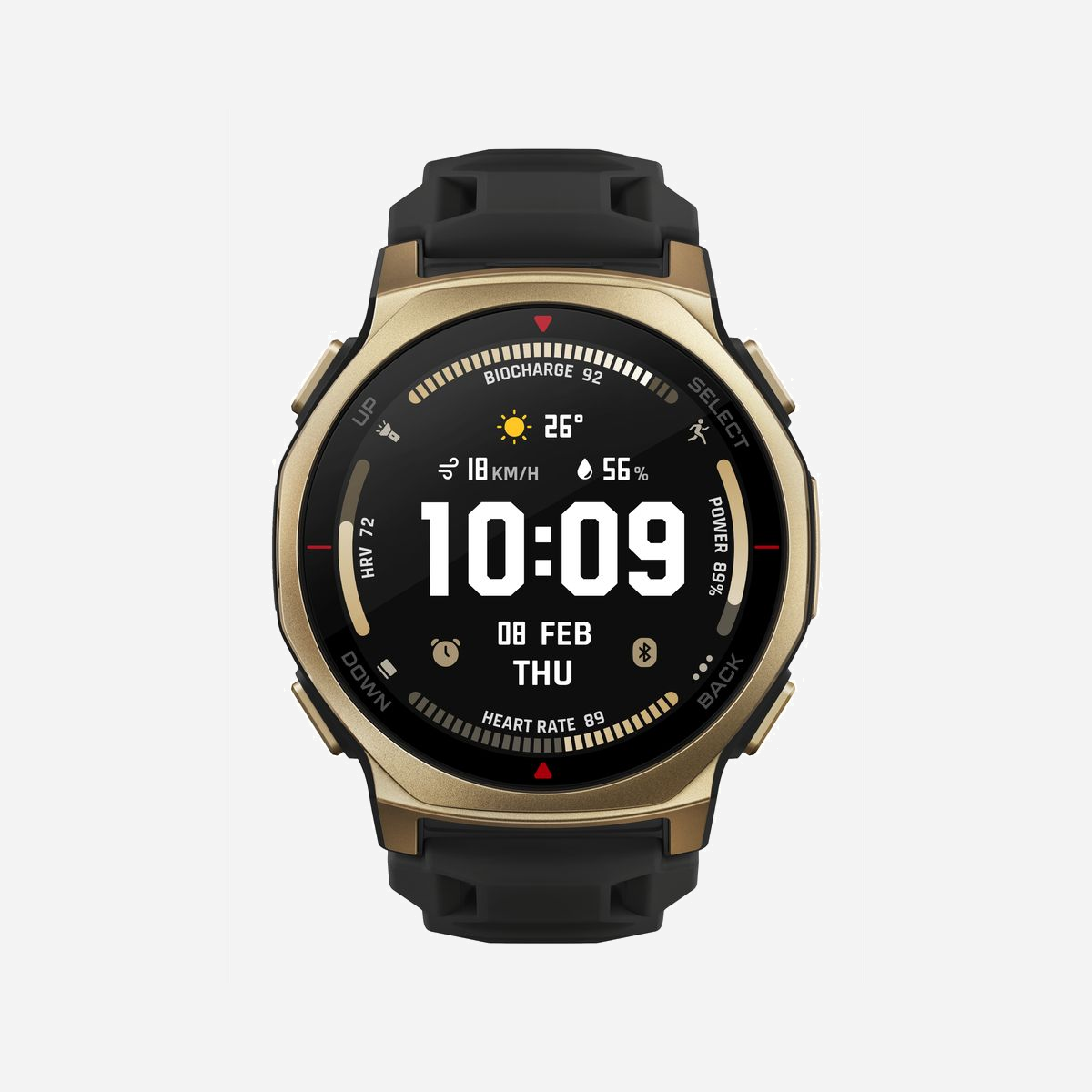 Amazfit T-Rex 3 Pro : Smartwatch AMOLED 1.32" 466x466, GPS, Wi-Fi, 16Go Flash, 64Mo RAM, Boîtier 44mm Or, Bracelet Silicone Noir, Autonomie 19 jours - Amazfit T-rex 3 Pro. Taille de l'écran: 3,35 cm (1.32"), Technologie d'affichage: AMOLED, Résolution de l'écran: 466 x 466 pixels, Écran tactile. Capacité de la RAM: 64 Mo, Memoire flash: 16 Go. Wifi. GPS (satellite). Capacité de la batterie: 640 mAh. Poids: 46,8 g. Humidité : étanche jusqu'à: 45 m, Matière de la bande: Silicone, Couleur du bracelet: Noir
