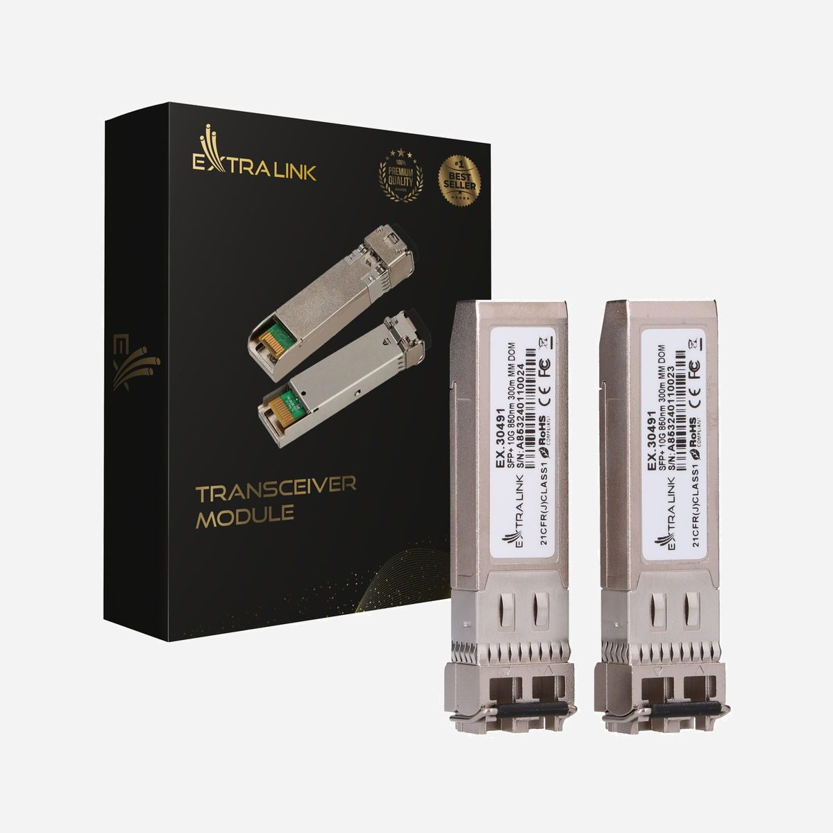 Extralink SFP+ 10G Pack de 2, Module émetteur-récepteur 10Gbps 850nm Multimode (MM) 300m, Réf: EX.30491, Consommation 1W, 0°C à 70°C - Le module Extralink SFP+ 10G 850NM MM 300M 2-Pack est une solution avancée pour les réseaux à fibre optique, idéale pour les centres de données, les réseaux d'entreprise et d'autres endroits nécessitant une transmission de données rapide et fiable.<br><br>Grâce à la technologie multimode (MM), le module permet de transmettre des données à une vitesse allant jusqu'à 10 gigabits par seconde, offrant ainsi des performances adaptées aux applications réseau modernes. Son rayon de transmission atteint jusqu'à 300 mètres, ce qui le rend idéal pour une utilisation intérieure, dans les bureaux ou les salles de serveurs.<br><br>L'une des caractéristiques clés de ce module est sa faible consommation d'énergie, ne dépassant pas 1 W. Cela contribue à des économies d'énergie et à une réduction de la chaleur dégagée, ce qui est essentiel dans le contexte de la gestion thermique des équipements réseau.<br><br>Le module fonctionne dans une large plage de températures allant de 0°C à 70°C, ce qui permet son utilisation dans diverses conditions environnementales. Grâce à cela, il est polyvalent et fiable, quel que soit l'environnement dans lequel il est installé.<br><br>Le module Extralink SFP+ 10G 850NM MM 300M 2-Pack est une solution fiable, économe en énergie et polyvalente pour les réseaux à fibre optique, répondant aux exigences des environnements informatiques modernes. Ses avantages incluent une haute vitesse de transmission, des économies d'énergie, une large plage de températures de fonctionnement et une compatibilité avec les modules populaires d'autres fabricants.