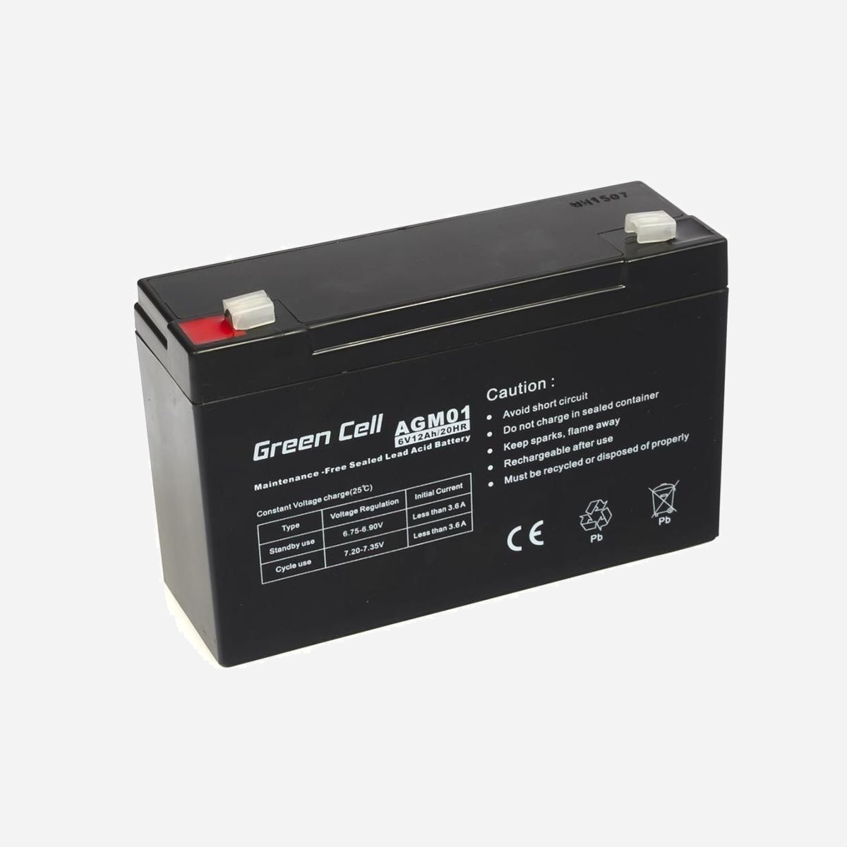 Batterie Green Cell AGM 6V 12Ah (VRLA) AGM01 - 12000mAh, 1.65kg, 151x94x50mm, Compatible UPS, jouets électriques, alarmes, systèmes de surveillance. - Green Cell AGM Battery 6V 12Ah - Batterie - 12.000 mAh. Technologie batterie: Sealed Lead Acid (VRLA), Tension des piles: 6 V, Nombre de batteries incluses: 1 pièce(s). Poids: 1,65 kg, Largeur: 151 mm, Hauteur: 94 mm