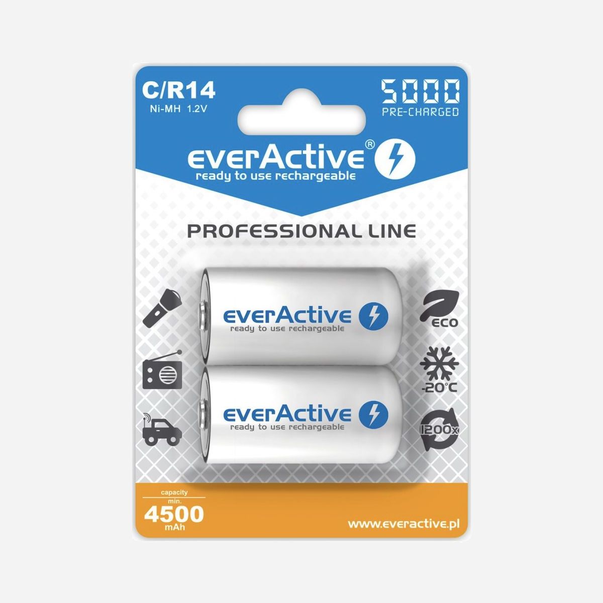 Everactive EVHRL14-5000 : Pack de 2 Batteries Rechargeables NiMH 1.2V 5000 mAh Type LR14 Température d'opération -20°C à 50°C - Everactive EVHRL14-5000. Type de batterie: Batterie rechargeable, Technologie batterie: Hybrides nickel-métal (NiMH), Tension des piles: 1,2 V. Type d'emballage: Blister