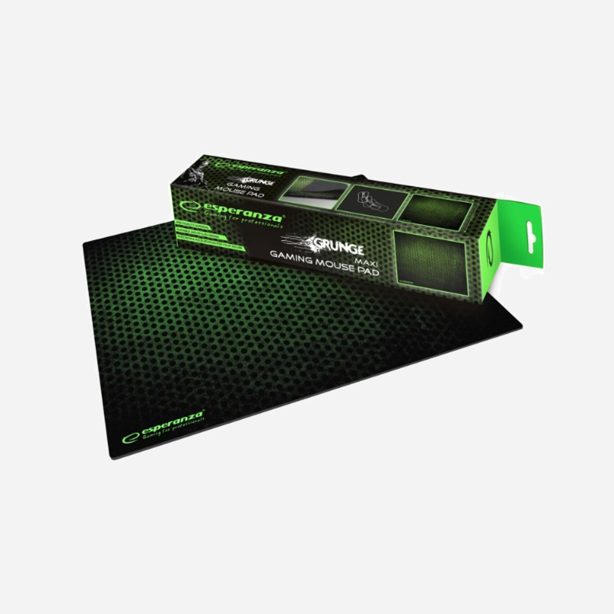 Tapis de souris gaming Esperanza EGP103G Noir/Vert 400x300x3mm, surface motif, base caoutchouc antidérapante, packaging boîte - Esperanza EGP103G. Largeur: 400 mm, Profondeur: 300 mm. Couleur du produit: Noir, Vert, Coloration de surface: Motif, Matériel: Caoutchouc, Base antidérapante, Tapis de souris de jeu