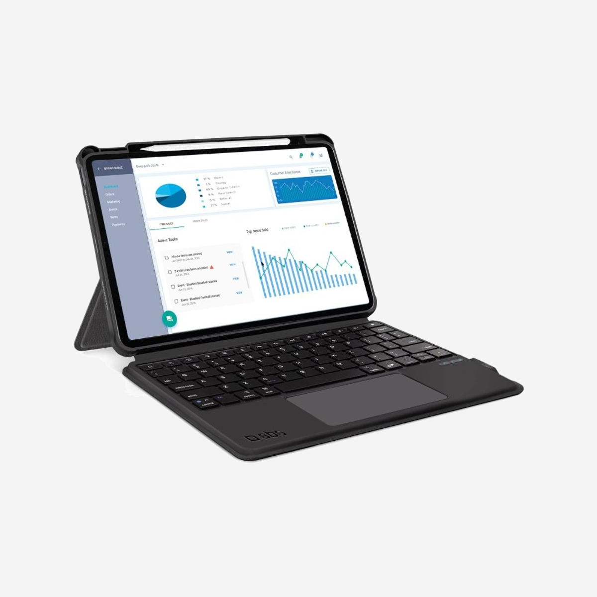 SBS TABOOKPRO11KBOARD Clavier QWERTY Italien Bluetooth Noir avec étui support intégré pour tablette 11", Pavé tactile, Autonomie 44h, Portée 10m - Transformez votre iPad en ordinateur portable sans fil<br><br>Si vous voulez travailler, écrire et jouer sur votre iPad 10,9 pouces ou 11 poucesconfortablement, ce clavier sans filest exactement ce que vous recherchez. Il se connecte à votre iPad sans filet assure une durée d'utilisation jusqu'à 44 heures! Idéal pour une utilisation quotidienne prolongée. Vous pourrez le charger via le câble USB-A - USB-Cinclus : env. 2 heures et il sera de nouveau prêt à l'emploi. Avec une portée allant jusqu'à 10 mètres, vous pouvez l'utiliser même à distance.<br><br>Il a un étui intégré avec fonction de support et porte-stylet<br><br>Souhaitez-vous que votre iPad soit protégé des chocs et rayures accidentels ? Le clavier sans fil a un étui intégré qui s'adapte parfaitement à votre iPad en lui assurant une protection optimale. Grâce à sa fermeture magnétique, vous aurez la possibilité de fermer l'étui comme un livre : l'appareil sera protégé à 360°. Les boutons latéraux et la prise de charge seront accessibles pour assurer un fonctionnement et une utilisation normaux. Sa fonction supportprend également en charge l'iPad en le gardant à l'horizontale devant vous. Si vous possédez un stylet, vous pouvez le ranger dans un espace dédiéque vous trouverez en haut de l'étui.<br><br>Le pavé tactile offre un confort supplémentaire<br><br>Le clavier est équipé d'un pavé tactileavec deux boutons poussoirs comme sur un vrai ordinateur portable ! Déplacez facilement le curseur sur votre logiciel d'écriture.De plus, si votre iPad est équipé d'iOS 13 ou d'une version ultérieure, vous pouvez profiter de nombreuses fonctions de manière absolument intuitive et confortable directement depuis le pavé tactile.<br><br>Ultra-léger et compact : emportez-le facilement partout<br><br>Si vous souhaitez utiliser confortablement votre iPad même dans le bus, le train ou l'avion, le clavier sans fil possède une épaisseur de seulement 0,5 cmqui vous permettra de le ranger dans un sac à dos ou un sac à main. Votre appareil sera toujours protégé et prêt à être utilisé dans n'importe quelle situation.