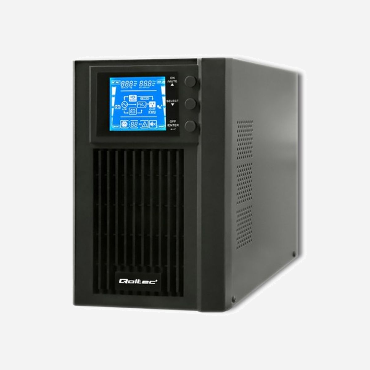 Qoltec 53042 UPS Double-conversion (en ligne) 1kVA/800W, 2 prises Type F, USB Type-B, Batteries 24V 9Ah, Sinusoïde Pur, 115-300V input, Port RS-232, RJ-45 - Qoltec 53042. Topologie UPS: Double-conversion (en ligne), capacité de la puissance de sortie: 1 kVA, Puissance de sortie: 800 W. Types de sortie AC: Type F, Nombre de prises en sortie: 2 sortie(s) CA, Type de port USB: USB Type-B. Capacité de la batterie: 9 Ah, Tension des piles: 24 V, Courant de charge: 5 A. Format: Compact, Couleur du produit: Noir, Type de refroidissement: Passif. Largeur: 145 mm, Profondeur: 270 mm, Hauteur: 220 mm