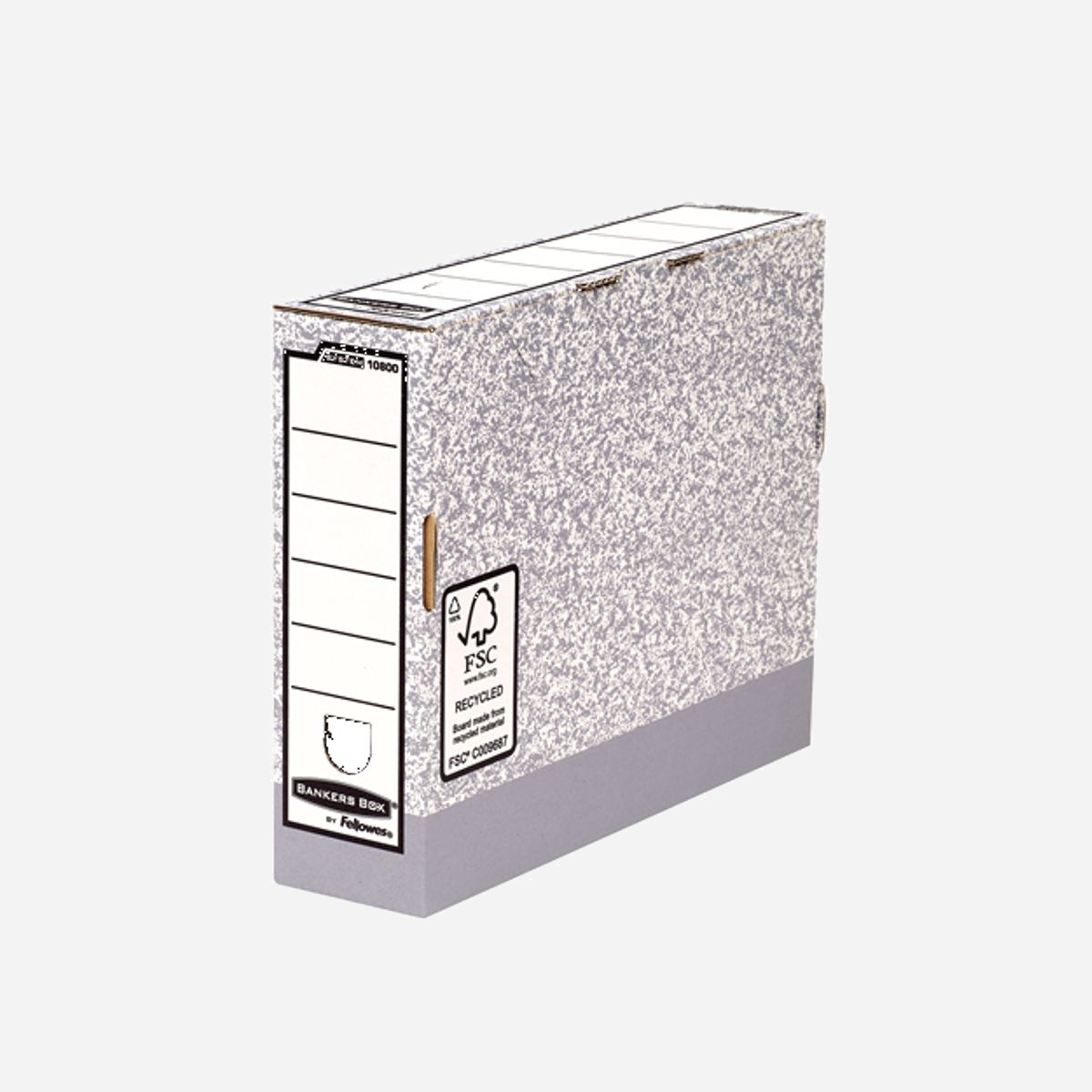 Boîte d'Archive Fellowes 1080001 FastFold A4, Carton 100% Recyclé Certifié FSC, 85x265x327mm, Intérieur 80x260x315mm, Gris, 130g - - Boîte d'archives pour format A4 à montage automatique Fastfold<br>- Languette bloquante pour davantage de sécurité<br>- Compatible avec les caisses d'archives System<br>- Fabriqué à partir de carton 100% recyclé certifié FSC<br><b>FSC</b><br>Ce produit est fabriqué à partir de carton 100% recyclé certifié FSC®.<br><b>FastFold</b><br>Gagnez du temps grâce à l'assemblage automatique. Le montage automatique est 4 fois plus rapide qu'un assemblage manuel.<br><b>Recyclé</b><br>Ce produit est fabriqué à partir de carton 100% recyclé certifié FSC, 100% recyclable. Toutes les encres utilisées sont à base d'eau.