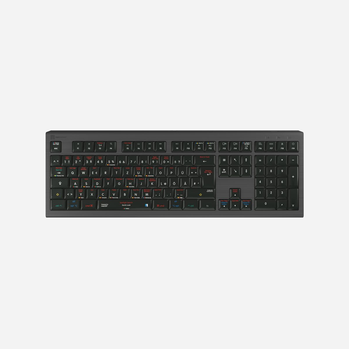 Clavier gaming Logickeyboard LKB-OSX-A2M-DE QWERTZ allemand USB filaire taille réelle avec commutateurs ciseaux, rétroéclairage LED et hub USB intégré, optimisé macOS, couleur noir - Logickeyboard LKB-OSX-A2M-DE. Facteur de forme du clavier: Taille réelle (100 %), Technologie de connectivité: Avec fil, Interface de l'appareil: USB, Interrupteur à clé de clavier: Commutateur de touche « ciseaux », Disposition des touches du clavier: QWERTZ. Type de rétro: LED. Concentrateur USB, Utilisation recommandée: Gaming. Couleur du produit: Noir