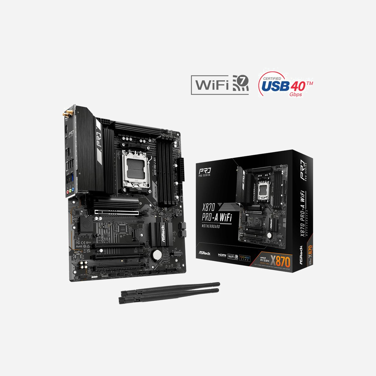 Asrock X870 Pro-A WiFi : Carte mère ATX AMD Socket AM5 Ryzen 6000-9000, 4x DDR5-SDRAM 256Go, M.2/SATA III, RAID 0/1/10, 2.5GbE, WiFi 7, BT 5.4 - Asrock X870 Pro-A WiFi. Fabricant de processeur: AMD, Socket de processeur (réceptable de processeur): Emplacement AM5, Processeurs compatibles: AMD Ryzen 6000 Series, AMD Ryzen 7000 Series, AMD Ryzen 8000 Series, AMD Ryzen 9000 Series, AMD.... Types de mémoire pris en charge: DDR5-SDRAM, Mémoire interne maximale: 256 Go, Type de support (slot): DIMM. Interfaces de lecteur de stockage prises en charge: M.2, SATA III, Niveaux RAID: 0, 1, 10. Type d'interface Ethernet: 2.5 Gigabit Ethernet, Contrôleur de réseau local (LAN): Dragon RTL8125BG, Norme Wi-Fi: Wi-Fi 7 (802.11be). composant pour: PC, Elément de forme de carte mère: ATX, famille de composant de produits: AMD
