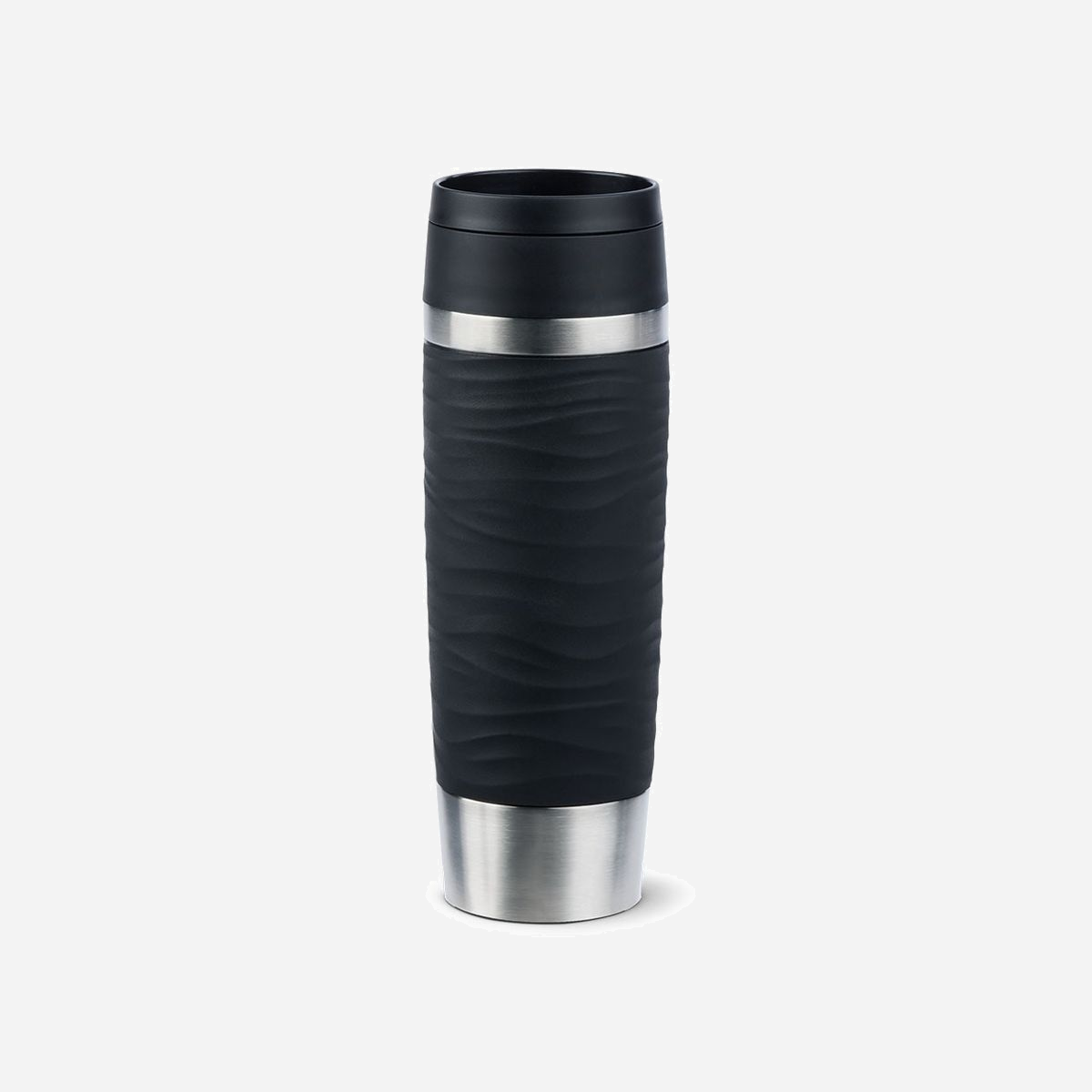 EMSA Travel Mug Waves Grande 500ml Noir/Acier Inoxydable - Couvercle Silicone/Acier/PP - Isolation Thermique, Base Antidérapante - 8.3cm x 24cm - EMSA Travel Mug Waves Grande. Couleur du produit: Noir, Acier inoxydable, Matériel de la couverture: Silicone, Acier inoxydable, Matériau couvercle: Polypropylène (PP). Volume: 500 ml, Diamètre: 8,3 cm, Hauteur: 240 mm. Quantité: 1 pièce(s)