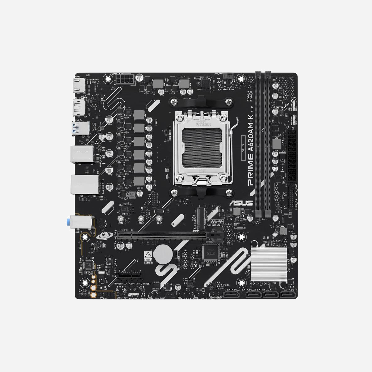 ASUS PRIME A620AM-K : Carte mère micro ATX AMD A620A Socket AM5 Ryzen 7000/8000/9000 Series, DDR5-SDRAM 128Go max, M.2/SATA III, Gigabit Ethernet - ASUS PRIME A620AM-K. Fabricant de processeur: AMD, Socket de processeur (réceptable de processeur): Emplacement AM5, Processeurs compatibles: AMD Ryzen 7000 Series, AMD Ryzen 8000 Series, AMD Ryzen 9000 Series. Types de mémoire pris en charge: DDR5-SDRAM, Mémoire interne maximale: 128 Go, Type de support (slot): DIMM. Interfaces de lecteur de stockage prises en charge: M.2, SATA III, Types de lecteurs de stockage pris en charge: HDD & SSD, Niveaux RAID: 0, 1, 5, 10. Type d'interface Ethernet: Gigabit Ethernet. composant pour: PC, Elément de forme de carte mère: micro ATX, famille de composant de produits: AMD