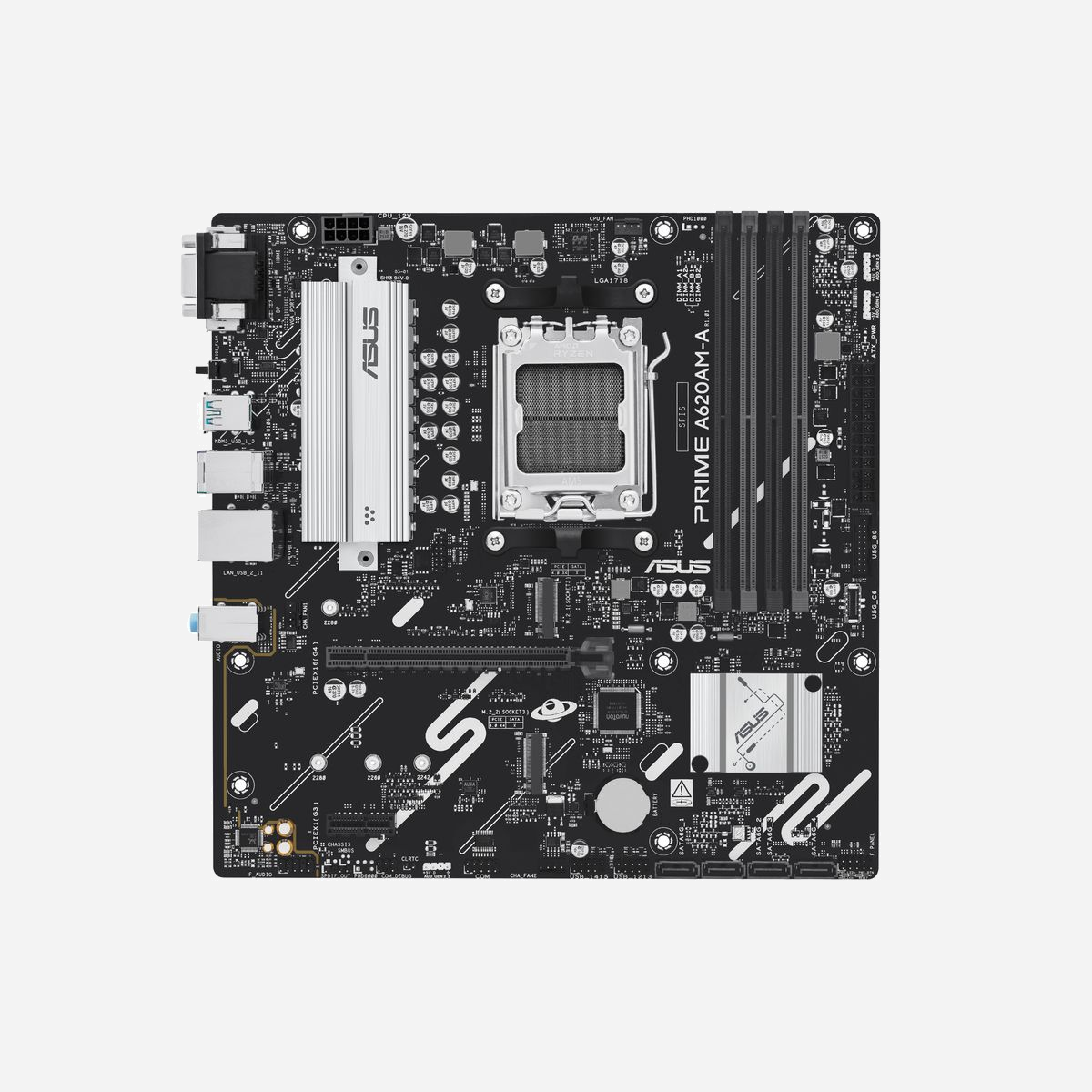 ASUS PRIME A620AM-A-CSM : Carte mère micro ATX AMD A620, Socket AM5, DDR5, M.2 PCIe 4.0, Gigabit Ethernet, RAID 0/1/5/10, USB 3.2 Gen 2, compatible Ryzen 7000/8000/9000 Series - ASUS PRIME A620AM-A-CSM. Fabricant de processeur: AMD, Socket de processeur (réceptable de processeur): Emplacement AM5, Processeurs compatibles: AMD Ryzen 7000 Series, AMD Ryzen 8000 Series, AMD Ryzen 9000 Series. Types de mémoire pris en charge: DDR5-SDRAM, Mémoire interne maximale: 256 Go, Type de support (slot): DIMM. Interfaces de lecteur de stockage prises en charge: M.2, SATA III, Types de lecteurs de stockage pris en charge: HDD & SSD, Niveaux RAID: 0, 1, 5, 10. Type d'interface Ethernet: Gigabit Ethernet. composant pour: PC, Elément de forme de carte mère: micro ATX, famille de composant de produits: AMD
