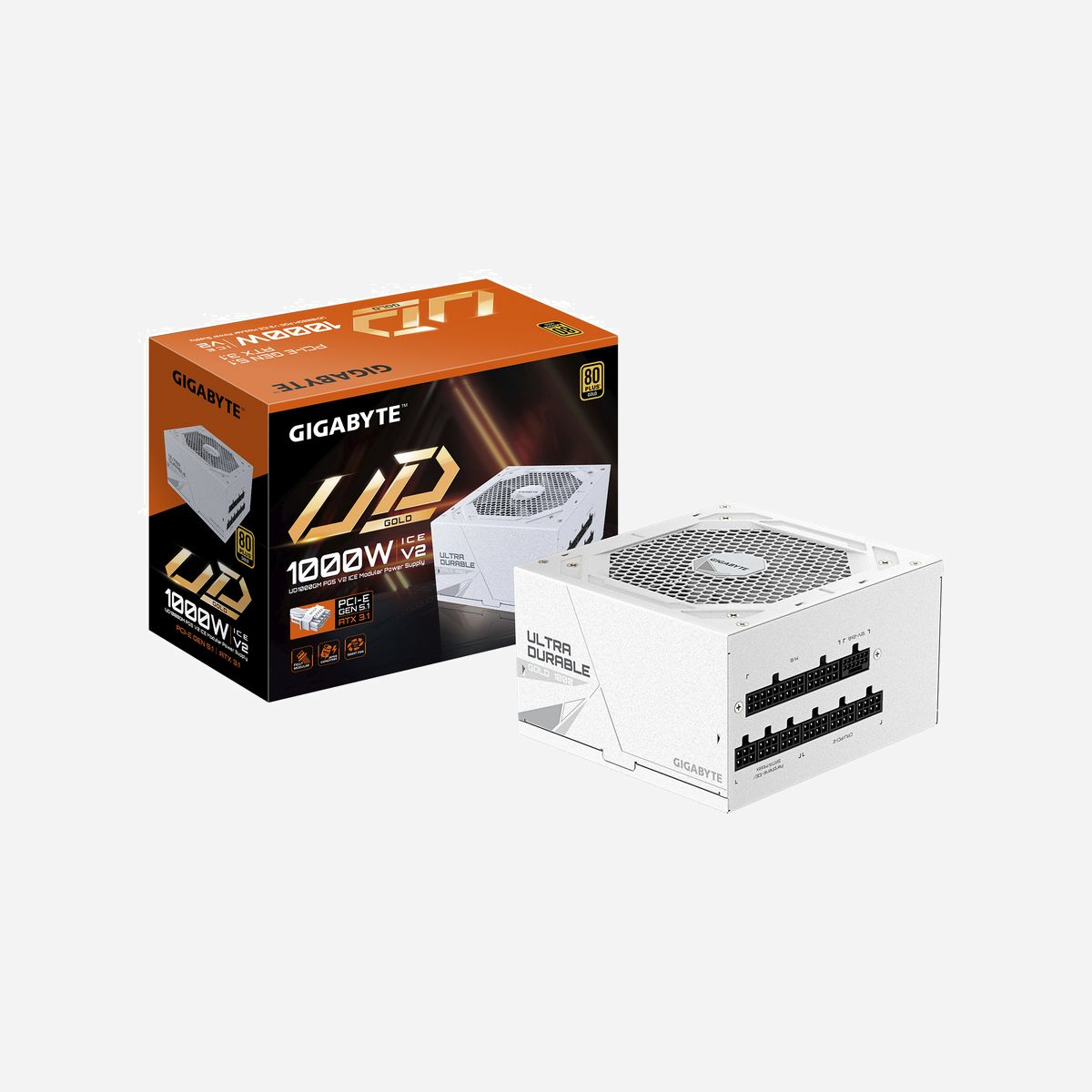GIGABYTE GP-UD1000GM-PG5-ICE-EU : Alimentation PC 1000W ATX 3.1 80 PLUS Gold, PFC Actif, Câblage Full Modulaire, Ventilateur 120mm HYB - Assurez une livraison d'énergie fiable et efficace avec les alimentations GIGABYTE. Conçues pour des performances optimales et une durabilité, nos blocs d'alimentation offrent une énergie stable et constante pour alimenter vos systèmes hautes performances. Avec des protections avancées et des composants de haute qualité, les alimentations GIGABYTE vous offrent la confiance nécessaire pour des expériences informatiques fluides et sans interruption.