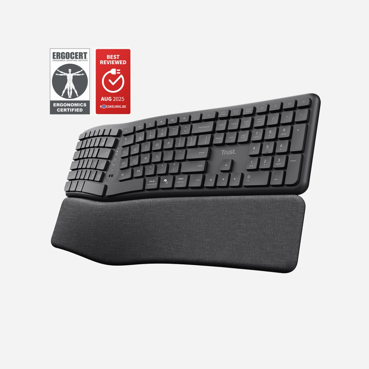 Clavier Ergonomique Sans Fil Trust Keyra, QWERTY US Intl, RF 2.4GHz + Bluetooth, 111 touches, repose-poignets, piles AA, Windows/macOS/Android/iOS/ChromeOS - <b>Travaillez naturellement mieux</b><br>Le clavier sans fil ergonomique Keyra optimise vos conditions de travail. Grâce à une disposition en deux parties et une courbe convexe, il favorise le positionnement naturel des mains et des doigts pour réduire la fatigue. Cela signifie moins de fatigue et une productivité accrue à chaque frappe !<br><br><b>Travaillez plus intelligemment, pas plus dur</b><br>Explorez la polyvalence avec la connexion sans fil multi-appareils de ce clavier, conçue pour s’adapter parfaitement à votre méthode de travail. Basculez sans effort entre trois appareils via deux connexions Bluetooth ou le récepteur USB 2,4 GHz compatible avec les appareils USB-C et USB-A. Profitez d’une flexibilité ultime.<br><br><b>Confort silencieux</b><br>Que vous soyez assis ou debout, bénéficiez d’un confort optimal grâce au repose-poignet rembourré du Keyra et à ses pieds repliables réglables. Les personnes autour de vous apprécieront également ce clavier : ses touches silencieuses en font l’outil parfait pour les espaces de travail tranquilles, assurant l’absence de distractions.<br><br><b>Ne brisez pas votre élan</b><br>Nous connaissons l’importance de préserver votre état de flow lors du travail. C’est pourquoi ce clavier est équipé de piles longue durée et d’un interrupteur marche/arrêt à faible consommation d’énergie, garantissant jusqu’à deux ans d’utilisation continue. Dites adieu aux changements fréquents de piles et concentrez-vous sur l’essentiel!<br><br><b>Le type conscient</b><br>Travaillez intelligemment pour la planète avec le Keyra. Fabriqué avec 85 % de plastique recyclé et doté d’un repose-poignet en tissu RPET, il est conçu pour durer tout en réduisant son impact environnemental.<br><br><b>Votre centre de commande</b><br>Accédez à vos fonctions préférées du bout des doigts. Grâce aux 13 touches Fn-média et aux six touches multimédia, contrôlez instantanément le volume, la lecture et bien plus encore, devenant ainsi le maître multitâche que vous êtes destiné à être !