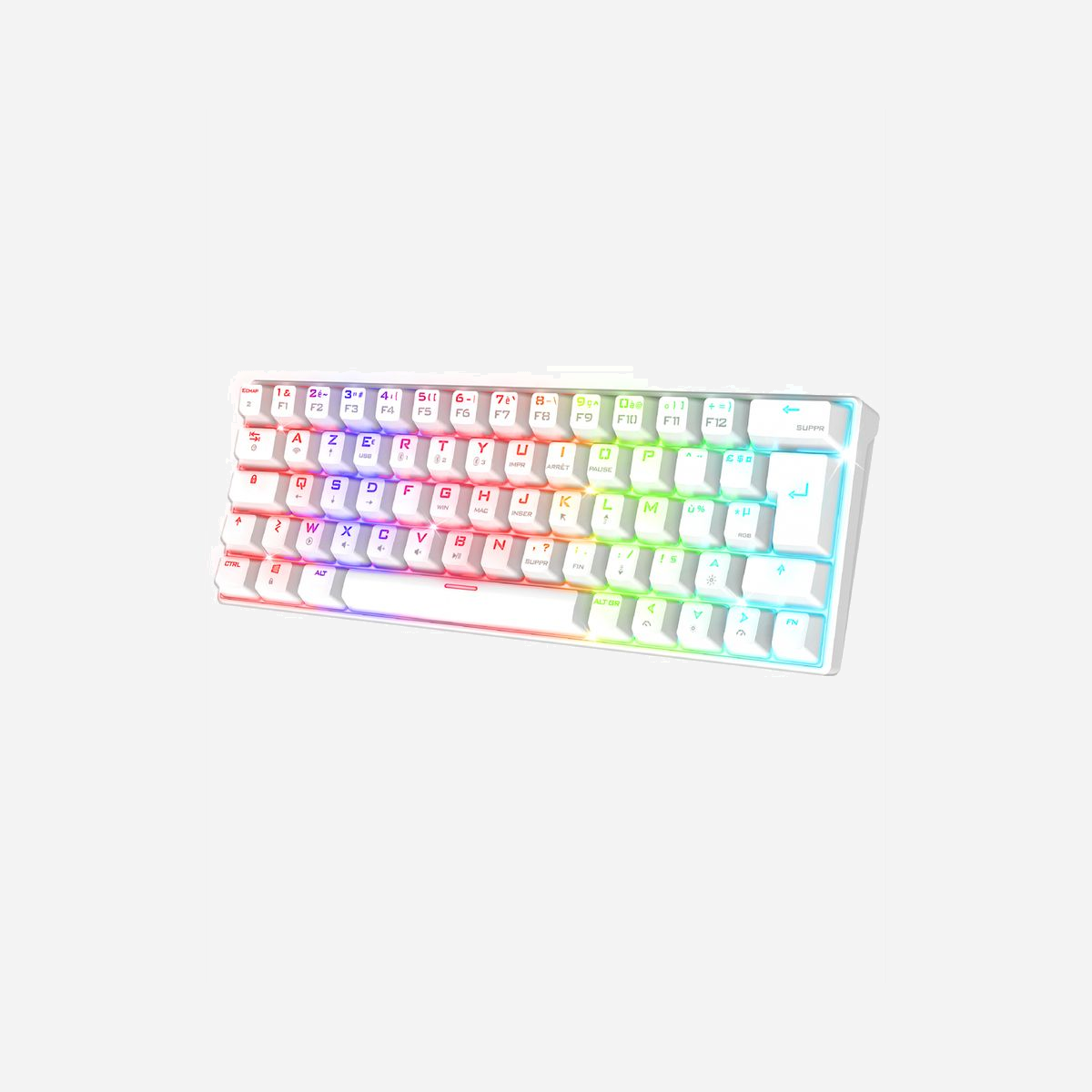 Clavier mécanique Spirit of Gamer XPERT-K200 60% TKL 64 touches Switch rouge Anti-Ghosting triple mode (RF 2,4GHz/Bluetooth/USB filaire) compatible Windows/macOS/Android/iOS rétroéclairage RGB 22 modes batterie 1800mAh USB-C blanc (CLA-XK200WT) - TRIPPLE MODE DE CONNEXION : Profitez d'une polyvalence inégalée grâce à nos trois options de connexion : sans fil via les technologies RF 2,4 GHz, Bluetooth, et filaire avec le câble USB détachable inclus. En mode Bluetooth, la possibilité de connecter jusqu'à trois appareils différents vous permettra d'utiliser le clavier en toute simplicité sur vos smartphones, ordinateurs portables et tablettes, sans nécessité de réappairage à chaque utilisation. De plus, le XPERT K200 est compatible avec Windows, Mac, iOS et Android, garantissant une expérience utilisateur optimale sur un large éventail de plateformes.<br><br>FORMAT 60% ULTRA COMPACT : Toutes les fonctionnalités d'un clavier gamer sont désormais disponibles dans un design plus compact, adoptant le format TKL (Ten Keys Less) avec seulement 64 touches mécaniques. Le XPERT K200 est spécialement conçu pour vous offrir davantage d'espace et de liberté de mouvement à votre souris.<br><br>MÉCANIQUE 100 % ANTI-GHOSTING : Équipé de touches mécaniques dotées de Switch rouge, notre clavier élimine toute crainte de combinaisons de touches involontaires. Grâce à la fonction Anti-Ghosting, vous pouvez enfin appuyer sur plusieurs touches simultanément sans craindre la moindre erreur d'interprétation. C'est une caractéristique essentielle pour une performance sans compromis.<br><br>AUTONOMIE EXCEPTIONNELLE : Grâce à sa batterie lithium rechargeable de 1800 mAh, XPERT-K200 vous garantit une autonomie confortable pouvant atteindre 180 heures d'utilisation continue. Recharger ce clavier est un jeu d'enfant : il vous suffit de brancher le câble USB-C inclus pour retrouver toute la puissance dont vous avez besoin.<br><br>22 MODES RGB : XPERT-K200 va bien au-delà d'un simple clavier grâce à ses fonctionnalités de personnalisation avancées. Vous avez le contrôle total sur votre rétroéclairage, avec la possibilité de régler la luminosité et la vitesse des effets selon vos préférences. XPERT-K200 propose une palette impressionnante de choix en matière de rétroéclairage, comprenant pas moins de 7 couleurs différentes et 22 effets RGB pour sublimer votre configuration. La configuration de ces effets se fait directement depuis le clavier grâce à des combinaisons de touches incroyablement simples ou directement depuis le logiciel.<br><br>COMPLET ET INTUITIF :<br><br>Grâce à notre logiciel intuitif, XPERT-K200 offre une personnalisation complète :<br><br>Touches Programmables : Configurez vos touches comme bon vous semble pour une expérience de jeu sur mesure. Choisissez les fonctions qui vous conviennent le mieux et accédez à des raccourcis en un instant.<br><br>Macro : Simplifiez des actions complexes en créant des macros personnalisées. Automatisez des séquences de touches pour gagner un avantage indéniable dans vos jeux préférés.<br><br>Rétroéclairage RGB : Personnalisez l'éclairage de votre clavier avec une palette de 16,8 millions de couleurs. Exprimez votre style en créant des ambiances uniques pour chaque jeu ou utilisation.<br><br>Profils : Avec la possibilité de sauvegarder jusqu'à 3 profils différents, vous pouvez passer d'une configuration à l'autre en un clin d'œil, en fonction de vos besoins spécifiques.<br><br>Mode Spécial Musique : Amplifiez votre immersion pendant vos sessions de jeu grâce à nos 7 modes RGB "son et lumière" synchronisés avec la musique et les effets sonores de votre jeu, pour renforcer l'ambiance de vos parties.
