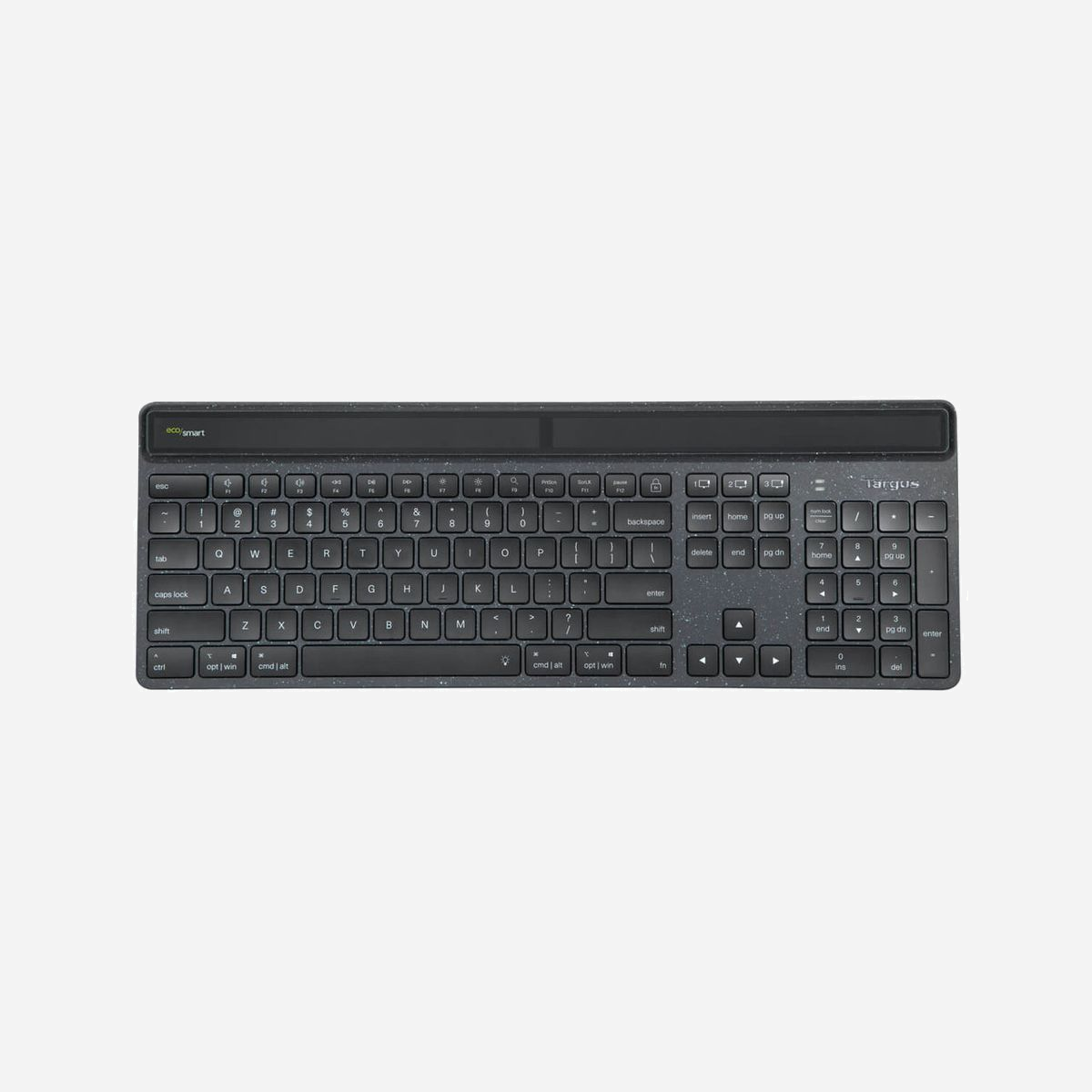 Targus AKB868DE Clavier QWERTZ Bluetooth 5.0 Recharge Solaire/USB-C, Rétroéclairage LED, Compatible Windows/macOS/Linux/Android/iOS - Targus Sustainable Energy Harvesting EcoSmart. Facteur de forme du clavier: Taille réelle (100 %). Style de clavier: Droit. Technologie de connectivité: Sans fil, Interface de l'appareil: Bluetooth, Interrupteur à clé de clavier: Commutateur de touche « ciseaux », Disposition des touches du clavier: QWERTZ. Type de rétro: LED. Utilisation recommandée: Universel. Couleur du produit: Noir