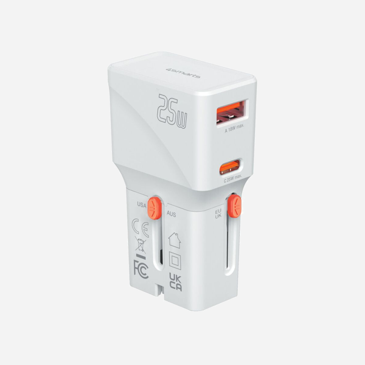 4smarts Chargeur Secteur Universel 25W Power Delivery 3.0/PPS, USB-C, Quick Charge 3.0, 5-12V, FCP, Prises AU/EU/UK/US, Blanc/Orange - 4smarts 541646. Type de chargeur: Intérieure, Type de source d'alimentation: Secteur, Compatibilité de chargeur: Universel. Tension d'entrée: 100 - 240 V, Tension de sortie (max): 12 V. Quantité de ports USB de type C: 1, Charge rapide. Couleur du produit: Orange, Blanc