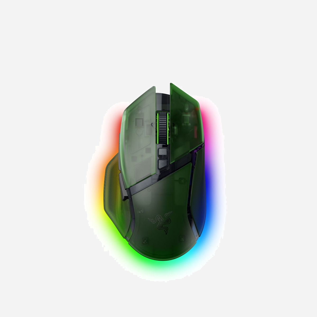 Razer Basilisk V3 Pro - Souris Gaming Optique 35000 DPI RF Wireless/Bluetooth/USB Type-A, 11 Boutons, 70G, Batterie 210h, Vert - Razer Basilisk V3 Pro 35K. Format: Droitier. Technologie de détecteur de mouvement: Optique, Interface de l'appareil: RF Wireless + Bluetooth + USB Type-A, Résolution en mouvement: 35000 DPI, Type de boutons: Boutons poussoirs, Quantité de boutons programmables: 11, Type Scroll: Roue, Accélération (max): 70 G. Couleur de l'éclairage: Multi. Source d'alimentation: Batteries/Câble. Couleur du produit: Vert