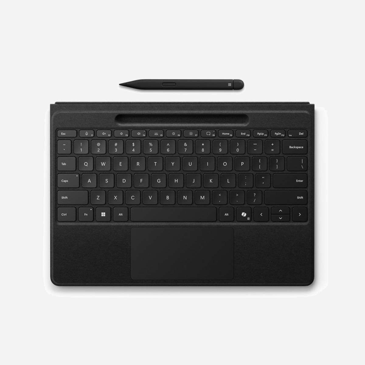 Microsoft Surface Pro Flex Keyboard Y8U-00008 QWERTY Bluetooth - Pavé Tactile, Mécanique, Alcantara, Batterie 513mAh, Rétroéclairage - 221x289x5.25mm - Microsoft Surface Pro Flex w/Slim Pen. Disposition des touches du clavier: QWERTY, Dispositif de pointage: Pavé tactile, Interrupteur à clé de clavier: Clavier mécanique. Compatibilité de marque: Microsoft, Compatibilité: Surface Pro 11th Edition, Surface Pro 10 for Business, Surface Pro 9, Surface Pro 8, Couleur du produit: Noir. Technologie de connectivité: Sans fil, Interface de l'appareil: Bluetooth, Portée du routeur sans fil: 10 m. Source d'alimentation: Batterie, Type de batterie: Batterie intégré, Capacité de la batterie: 513 mAh. Largeur: 221 mm, Profondeur: 289 mm, Hauteur: 5,25 mm