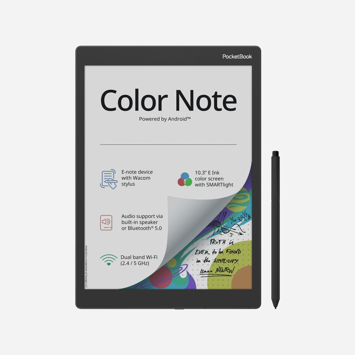 PocketBook Color Note PB1041-1-WW-B : Liseuse tactile E Kaleido 10.3" 32Go RAM 4Go WiFi Bluetooth Android 12 Noir/Bleu - PocketBook Color Note. Taille de l'écran: 26,2 cm (10.3"), Technologie: Encre E Kaleido, Résolution de l'écran: 1404 x 1872 pixels. Prise en charge des formats de texte: ACSM, AZW, AZW3, CBR, CBZ, CHM, DOC, DOCX, DjVu, EPUB, EPUB DRM, FB2, FB2.ZIP, HTM, HTML, MOBI,..., Formats audio pris en charge: MP3, OGG, Formats d'image supportés: BMP, JPEG, PNG. Capacité de stockage interne: 32 Go, Cartes mémoire compatibles: MicroSD (TransFlash), Capacité de la RAM: 4000 Mo. Fréquence du processeur: 1500 MHz. Connecteur USB: USB Type-C, Casque connection: USB Type-C