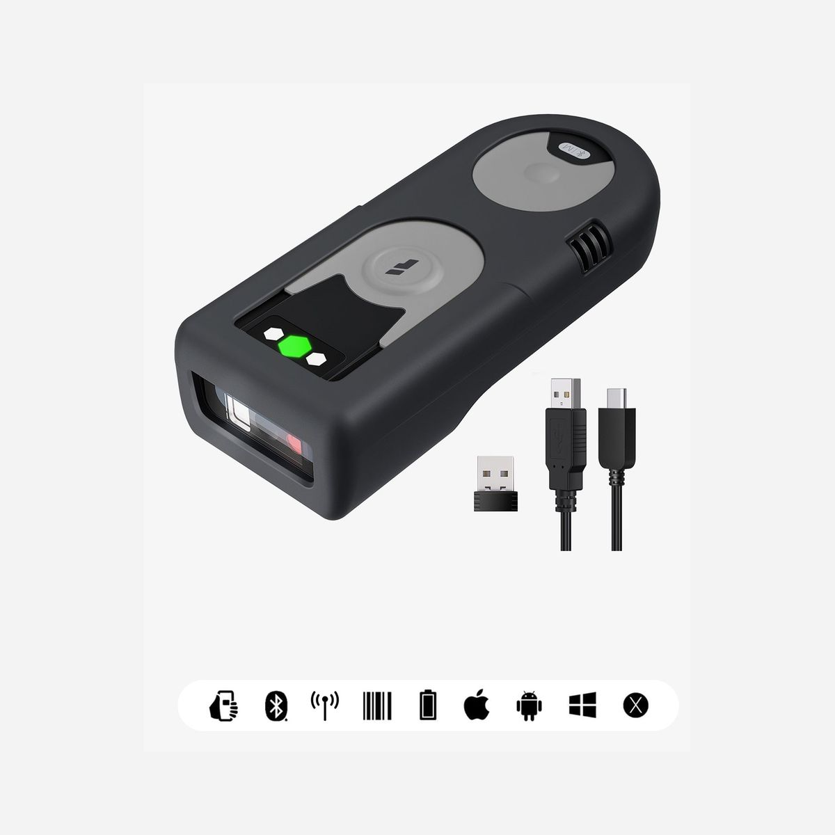 Inateck BCST-43_GRAY Lecteur Code Barre 1D CMOS Portable Bluetooth 5.0, Batterie 1200mAh, ABS/PC/TPU, Compatible Windows/macOS/Linux/Android, 84g - Inateck BCST-43. Type: Lecteur de code barre portable, Type de scanner: 1D, Type de capteur: CMOS. Technologie de connectivité: Avec fil &sans fil, Interfaces standards: Bluetooth. Couleur du produit: Noir, Vert, Gris, Matériau du boîtier/corps: Acrylonitrile-Butadiène-Styrène (ABS), Polycarbonate (PC), Uréthane thermoplastique (TPU). Type de source d'alimentation: Batterie, Capacité de la batterie: 1200 mAh. Poids: 84 g, Largeur: 47 mm, Profondeur: 27 mm