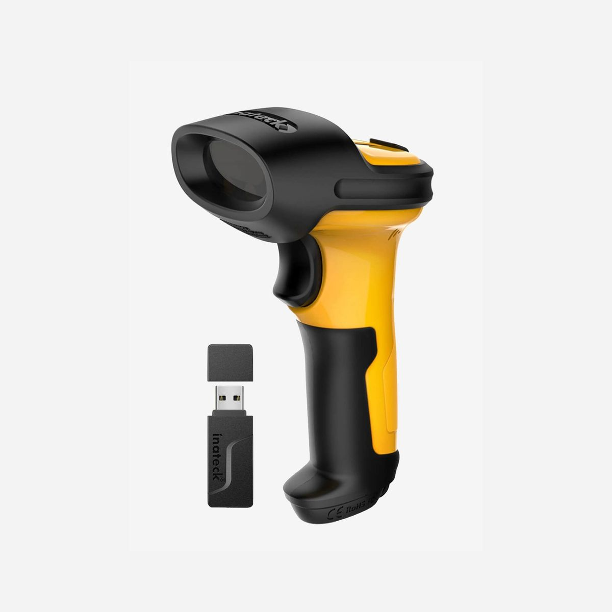 Lecteur code barre portable Inateck P6_YELLOW 1D Laser, portée 60m, USB & Bluetooth, batterie 2600mAh, résistant chutes/chocs, compatible Windows/macOS/Linux/Android - Inateck P6. Type: Lecteur de code barre portable, Type de scanner: 1D, Type de capteur: Laser. Technologie de connectivité: Avec fil &sans fil, Interfaces standards: USB, Portée du routeur sans fil: 60 m. Couleur du produit: Noir, Jaune, Matériau du boîtier/corps: Polycarbonate (PC), Uréthane thermoplastique (TPU), Fonctions de protection: Résistant aux chutes, Résistant aux chocs. Type de source d'alimentation: Batterie, CC, USB, Type de batterie: Batterie intégré, Capacité de la batterie: 2600 mAh. Poids: 200 g, Largeur: 92 mm, Profondeur: 69 mm