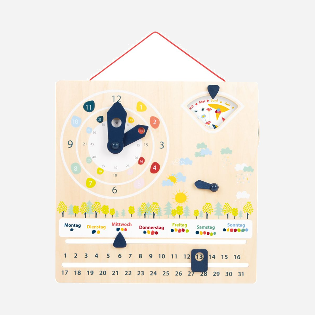 Horloge d'Apprentissage Wera Ref. 4637 - Calendrier et Horloge Bois FSC® 12/24h - Jours, Mois, Saisons - Multilingue (15 langues) - Dispositif de Suspension - Calendrier ou horloge? Les deux! Cette horloge d'apprentissage en bois certifié FSC® aide les enfants à apprendre l'heure dans le système de 12 et 24 heures et transmet en même temps des connaissances sur le temps, les jours de semaine, les mois et les saisons. Avec dispositif de suspension et autocollants pour une utilisation dans 15 langues européennes.<br>Le panneau convainc par sa haute teneur en bois visible et son design harmonieux et discret. Avec dispositif de suspension et autocollants pour une utilisation dans 15 langues européennes.