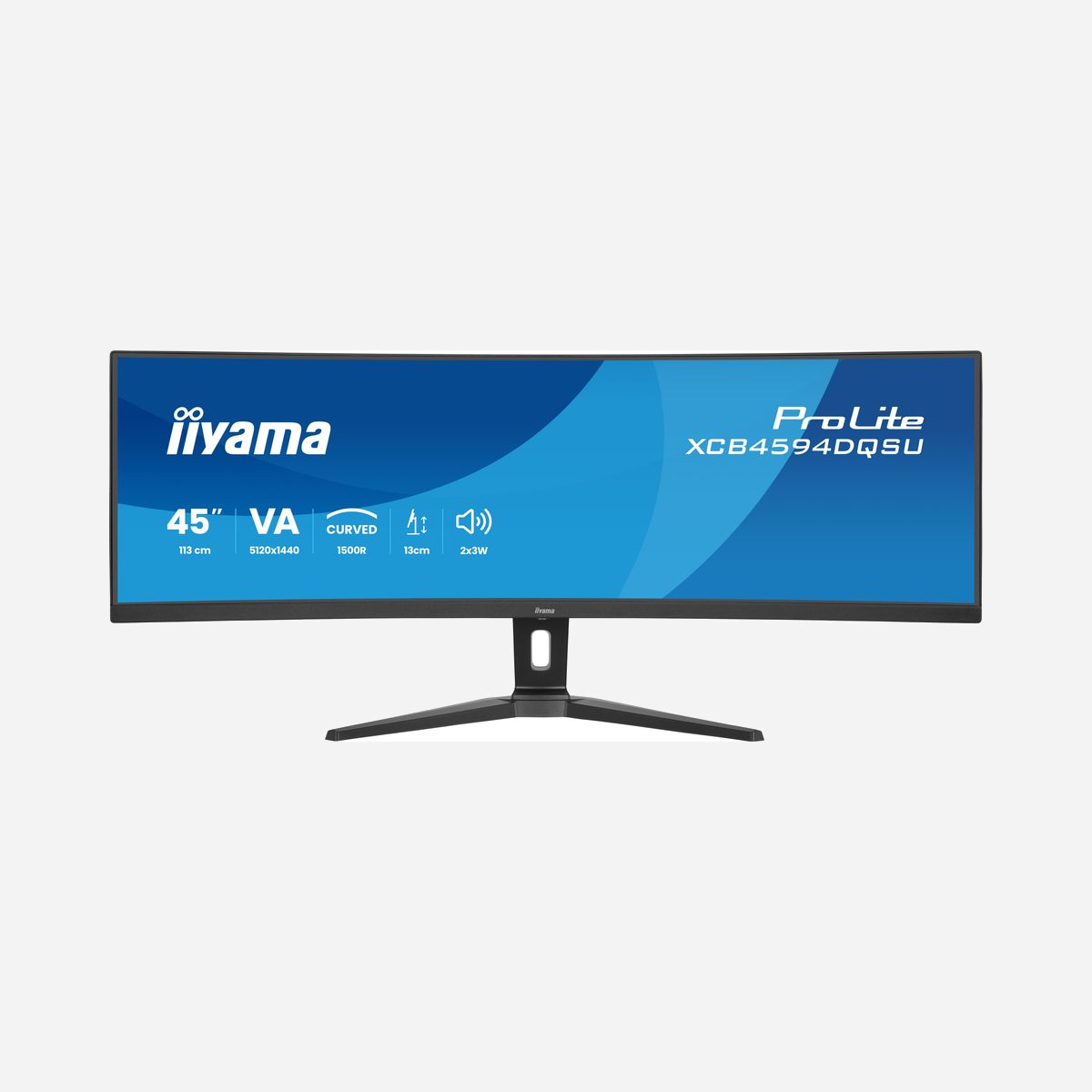 iiyama ProLite XCB4594DQSU-B1 écran incurvé 44.5" 5120x1440 Dual QHD VA 1500R 450 cd/m² 2ms HDMI DisplayPort USB - Le moniteur iiyama ProLite XCB4594DQSU-B1 offre une productivité optimisée avec son écran ultra-large incurvé de 44,5" en Dual QHD (5120x1440). Son format 32:9 remplace deux écrans QHD, éliminant les bordures pour un flux de travail fluide. La courbure 1500R et la dalle VA réduisent la fatigue oculaire tout en garantissant des couleurs précises (100% sRGB) et un contraste élevé (3000:1). Idéal pour le multitâche, le montage vidéo ou l'analyse de données, il intègre l'Adaptive Sync pour des images fluides, ainsi que des technologies anti-scintillement et réduction de lumière bleue. Connectivité complète avec 2 HDMI, 2 DisplayPort, hub USB 3.2 et haut-parleurs intégrés. Réglages en hauteur et inclinaison pour un confort personnalisé.