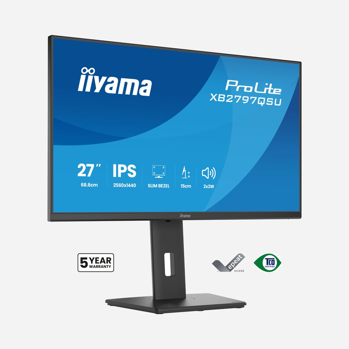 iiyama ProLite XB2797QSU-B1 écran IPS 27" QHD 2560x1440 LED cadre ultra-fin 4 côtés pied ergonomique HDMI DisplayPort USB hub - Le ProLite XB2797QSU-B1 d'iiyama allie performance et ergonomie pour un espace de travail professionnel optimisé. Son écran IPS QHD 27" (2560x1440) offre une image nette, des couleurs fidèles (100% sRGB) et des angles de vision larges, idéal pour le multitâche ou l'affichage de documents côte à côte. Le cadre ultra-fin sur 4 côtés permet une configuration multi-écrans sans rupture visuelle, tandis que le pied réglable en hauteur, inclinaison et pivot garantit un confort personnalisé. Certifié TÜV Eye Comfort, il réduit la fatigue oculaire grâce à sa technologie anti-scintillement et Low Blue Light. Avec son hub USB 3.2, ses ports HDMI et DisplayPort, ses haut-parleurs intégrés et sa gestion des câbles, il simplifie votre bureau. Parfait pour les professionnels exigeants en productivité et confort.