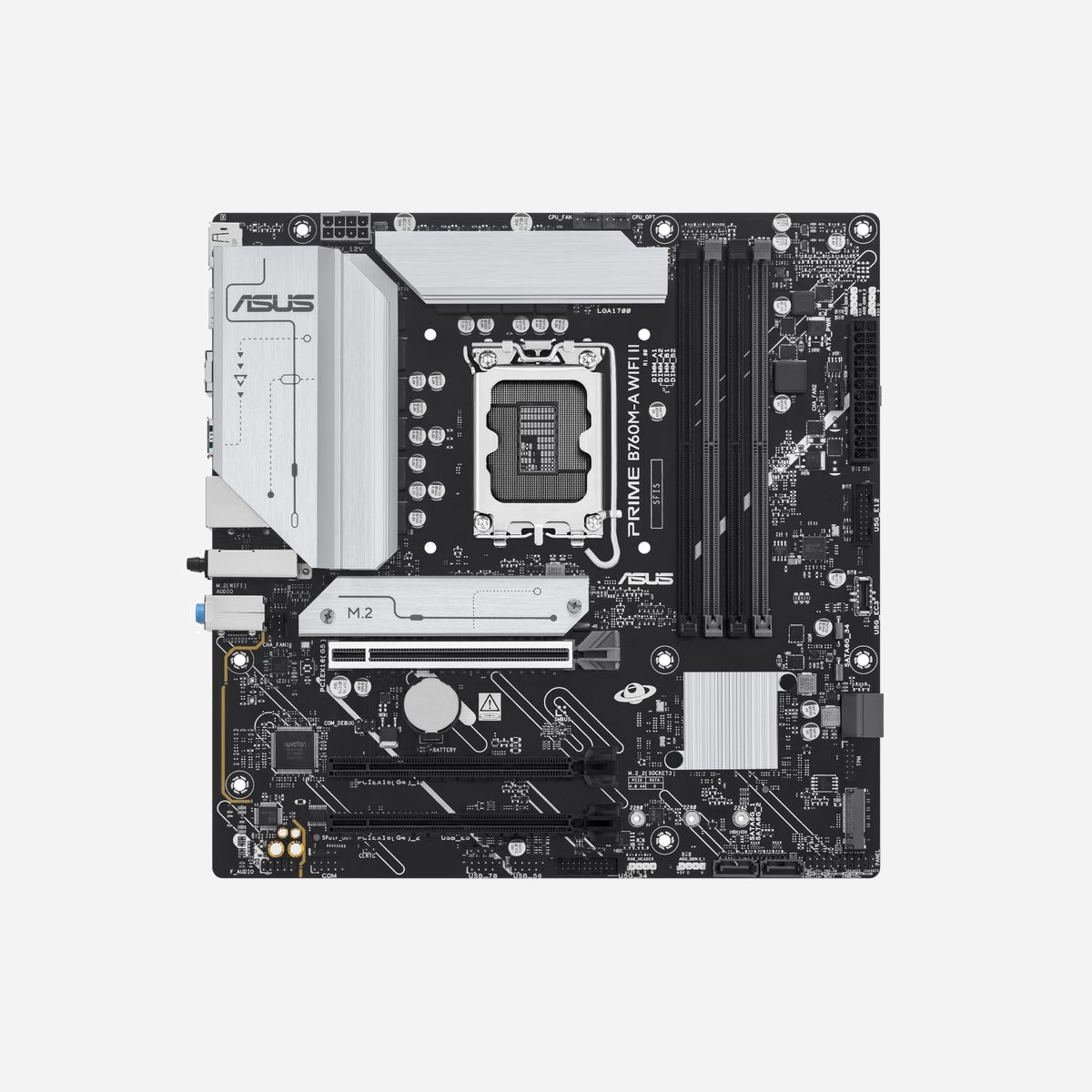 ASUS PRIME B760M-A WIFI II Carte mère micro ATX Intel B760 LGA 1700 DDR5 256GB max Wi-Fi 6E 2.5GbE M.2 SATA RAID - La carte mère ASUS PRIME B760M-A WIFI II en format micro ATX offre une base solide pour les configurations PC modernes. Compatible avec les processeurs Intel Core de 12e à 14e génération (LGA 1700), elle supporte jusqu’à 256 Go de DDR5 à 7200 MHz pour des performances optimales. Idéale pour les stations de travail ou les PC gaming, elle intègre le Wi-Fi 6E et un port 2.5GbE pour une connectivité ultra-rapide. Ses slots M.2 (PCIe 4.0) et SATA III permettent d’ajouter des SSD NVMe ou HDD, avec support RAID 0/1/5/10 pour la sécurité des données. Conçue pour Windows 10/11, elle inclut des connecteurs USB 3.2, HDMI, DisplayPort et Bluetooth 5.4, ainsi que des headers pour ventilateurs et RGB. Une solution polyvalente, fiable et évolutive.