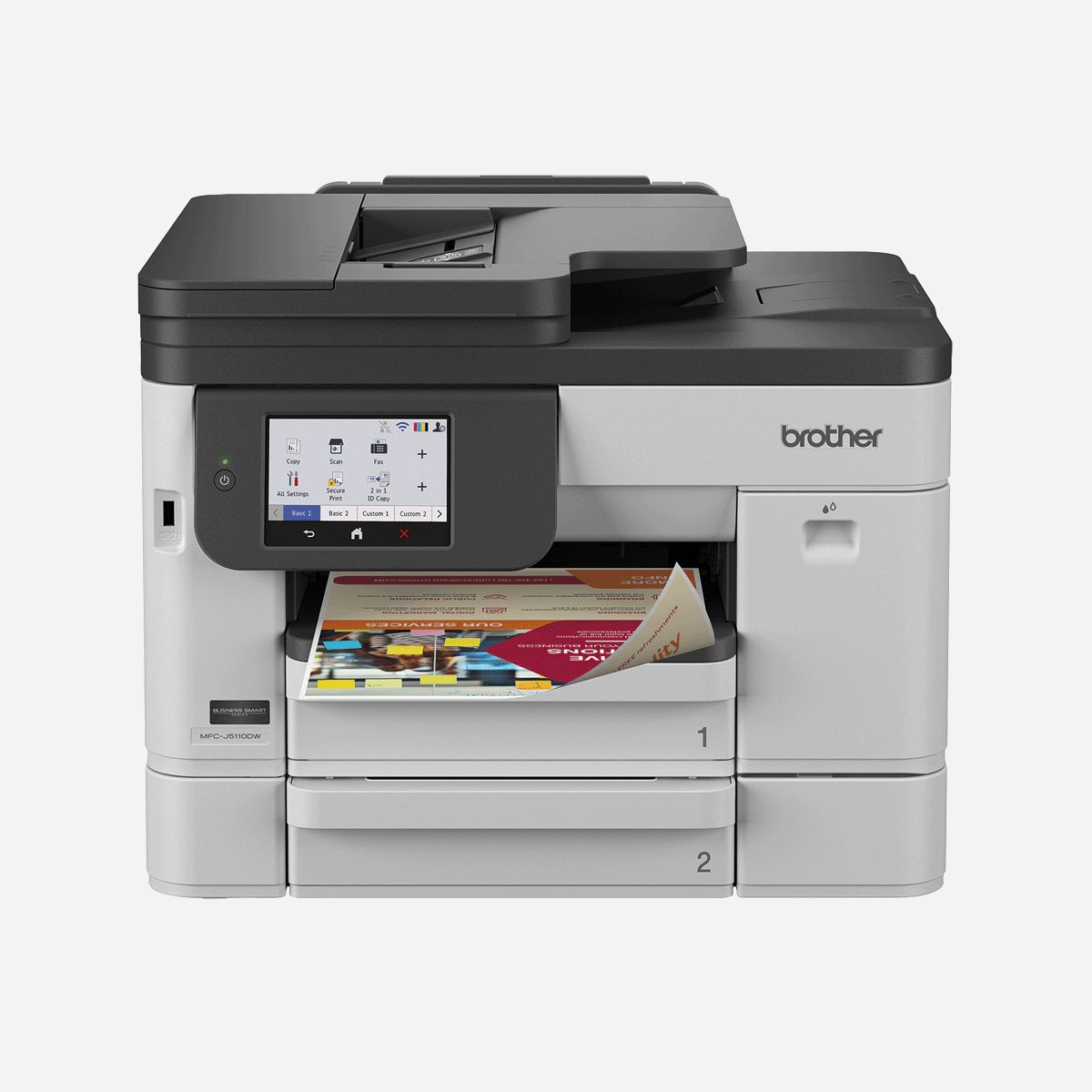 Brother MFC-J5110DW Imprimante jet d'encre multifonction A3 1200x4800 DPI 28 ppm WiFi MAXIDRIVE encres pigmentaires - La Brother MFC-J5110DW est conçue pour les petites entreprises exigeantes. Avec sa tête d’impression MAXIDRIVE et ses encres pigmentaires, elle garantit des documents professionnels en couleur ou noir et blanc, jusqu’en format A3. Son écran tactile couleur de 10,7 cm simplifie la navigation, tandis que ses 3 bacs papier (600 feuilles au total) et son ADF de 50 feuilles optimisent la productivité. Connectivité complète : WiFi, Ethernet, USB, et impression mobile via AirPrint ou Brother iPrint & Scan. La numérisation recto verso à haute résolution (19200 x 19200 DPI) et la copie rapide (24 cpm en noir) s’adaptent à tous les besoins. L’abonnement EcoPro optionnel élimine les ruptures d’encre grâce à une livraison automatique.