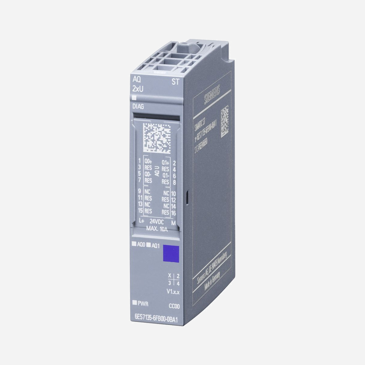 Siemens SIMATIC ET 200SP module de sorties analogiques AQ 2xU 16 bits IP20 pour BU A0/A1 Code CC00 avec diagnostic 6ES7135-6FB00-0BA1 - Le module SIMATIC ET 200SP AQ 2xU 16 bits de Siemens optimise vos installations d'automatisation avec des sorties analogiques précises et un diagnostic intégré. Conçu pour les BU A0/A1, il s'intègre facilement dans des coffrets électriques compacts grâce à son format IP20. Sa compatibilité avec le Multi Hot Swapping permet des remplacements rapides sans interruption, tandis que le support de protocoles Ethernet variés via l'interface MultiFieldbus assure une flexibilité maximale. Le système de repérage par codes couleur et étiquettes simplifie la maintenance. Idéal pour les applications exigeantes, ce module offre une résolution de 16 bits et s'adapte à des configurations modulables, réduisant les coûts tout en garantissant une performance optimale. Certifié CE, RoHS et REACH, il répond aux normes les plus strictes.