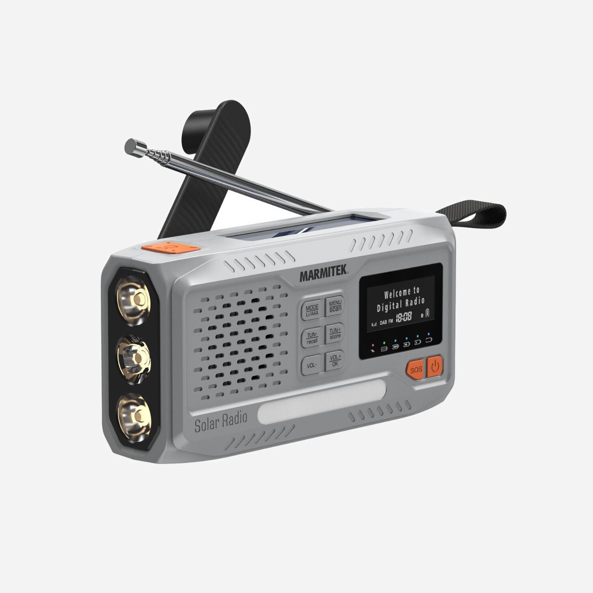 Marmitek RESQ 100 Radio DAB+/FM Bluetooth 5.3 4500mAh USB-C panneau solaire manivelle IPX3 SOS lampe powerbank - La RESQ 100 de Marmitek est la solution polyvalente pour rester connecté en toutes circonstances. Écoutez vos stations DAB+/FM préférées (40 présélections) ou diffusez votre musique via Bluetooth 5.3. Son autonomie est assurée par une batterie 4500 mAh rechargeable via USB-C, panneau solaire ou manivelle, avec option piles AAA en secours. Idéal pour le camping, la randonnée ou les urgences, il intègre aussi une lampe réglable, une sirène SOS et une fonction powerbank pour recharger vos appareils. Robuste (IPX3) et compact, ce modèle allie praticité et sécurité, que ce soit en extérieur ou à la maison.