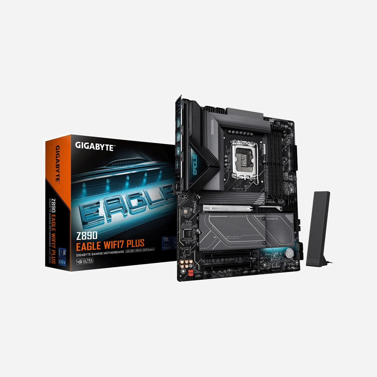 Carte mère GIGABYTE Z890 EAGLE WIFI7 PLUS Socket LGA1851 DDR5 PCIe 5.0 avec Wi-Fi 7 et connectivité Thunderbolt 4 - La carte mère GIGABYTE Z890 EAGLE WIFI7 PLUS allie performance et connectivité pour les configurations haut de gamme. Compatible avec les processeurs Intel Core Ultra Series 2 et le socket LGA 1851, elle supporte jusqu’à 256 Go de DDR5 à 9466 MHz, idéale pour le multitâche intensif ou la création de contenu. Avec 4 slots M.2 (dont PCIe 5.0), RAID 0/1/5/10 et Thunderbolt 4, elle optimise le stockage et les transferts de données. Le Wi-Fi 7 et le 2.5 Gigabit Ethernet assurent une connectivité ultra-rapide, tandis que le Bluetooth 5.4 et les ports USB4 Gen 3x2 simplifient les connexions périphériques. Son design ATX intègre un refroidissement passif, des connecteurs pour ventilateurs et watercooling, ainsi qu’une gestion avancée des tensions. Parfaite pour les PC gaming, stations de travail ou montages professionnels sous Windows 11.