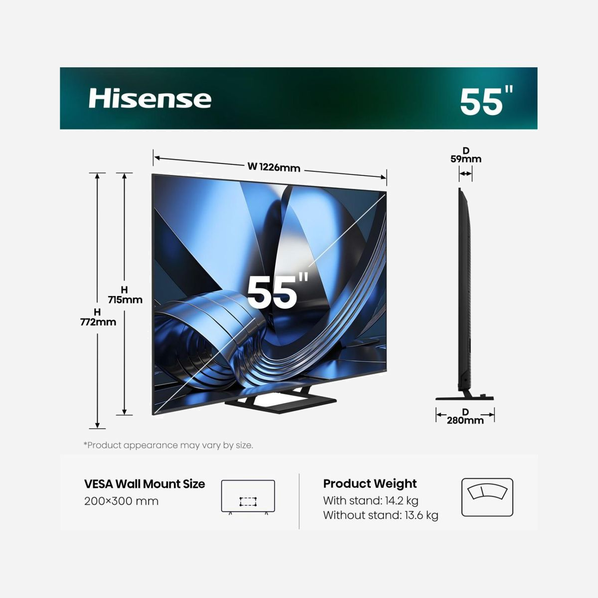 Hisense 55U7SE 55" 4K Ultra HD Smart TV DLED Mini LED 3840x2160 6ms 16:9 DVB-S2/T2/C Wifi Ethernet Noir - Le Hisense 55U7SE allie performance et polyvalence pour une expérience immersive. Son écran 4K Ultra HD de 55" avec technologie Mini LED offre des contrastes profonds et des couleurs précises, idéal pour le cinéma, le gaming ou le travail. Avec un taux de rafraîchissement de 144 Hz et un temps de réponse de 6 ms, il garantit une fluidité optimale, même pour les jeux exigeants. Les technologies HDR (Dolby Vision, HDR10+) et le son Dolby Atmos avec subwoofer intégré assurent une qualité audio et vidéo haut de gamme. Smart TV sous VIDAA, il prend en charge AirPlay 2, Wi-Fi bi-bande, Ethernet et 4 ports HDMI 2.1 pour une connectivité complète. Son design fin et ses angles de vision larges (178°) en font un choix pratique pour tous les usages.