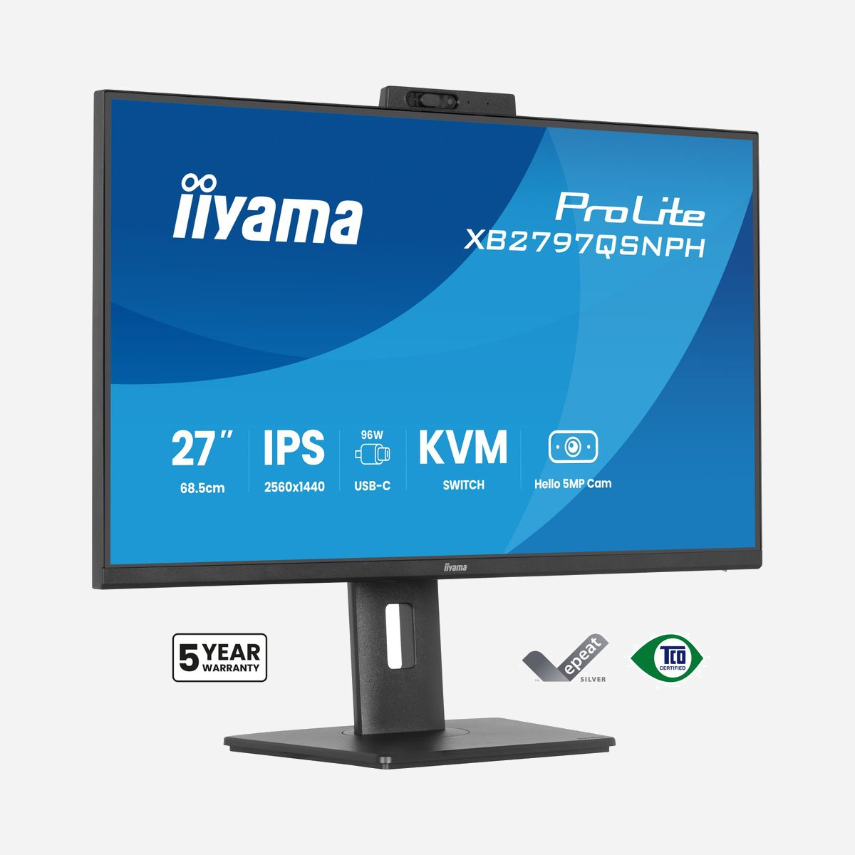 iiyama ProLite XB2797QSNPH-B1 écran 27" Quad HD 2560x1440 LED mat 16:9 178° USB 3.2 Gen 1 VESA noir - L'écran iiyama ProLite XB2797QSNPH-B1 27" Quad HD offre une résolution 2560x1440 pour un affichage net et précis, idéal pour les professionnels exigeants. Son panneau IPS garantit des angles de vision de 178° et une couverture sRGB à 99%, assurant des couleurs fidèles. Doté de technologies NVIDIA G-SYNC et AMD FreeSync, il élimine les saccades pour un travail fluide. Le hub USB 3.2 Gen 1 avec port USB-C (96W) simplifie les connexions, tandis que le KVM intégré permet de basculer entre plusieurs sources. Réglable en hauteur, pivotant et compatible VESA, il s'adapte à tous les espaces de travail. Haut-parleurs, microphone et caméra intégrés complètent ses fonctionnalités pour une productivité optimale.