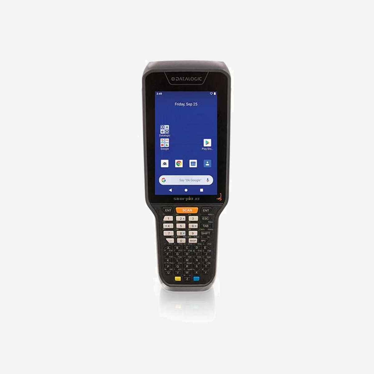 Ordinateur portable Datalogic Skorpio X5 4.3" 800x480 tactile Snapdragon 660 2.2GHz Android 10 IP65 noir - Le Skorpio X5 de Datalogic redéfinit les standards des terminaux portables professionnels pour la capture de données en environnements exigeants. Conçu pour les entrepôts, centres de distribution, magasins de détail et sites logistiques, ce terminal robuste combine puissance technologique et résistance exceptionnelle. Équipé du processeur Qualcomm Snapdragon 660 cadencé à 2,2 GHz et fonctionnant sous Android 10 avec certification Google Mobile Services, le Skorpio X5 garantit des performances optimales dans vos applications métier les plus exigeantes. Sa certification Android Enterprise Recommended atteste de sa fiabilité pour un usage professionnel intensif. Sa robustesse IP65 et sa résistance aux chutes de 1,8 mètre sur béton en font un outil de travail fiable dans les conditions les plus difficiles. Le terminal résiste également aux produits chimiques et fonctionne dans une plage de température de -20 à +50°C, assurant une continuité opérationnelle en toutes circonstances. L'écran tactile capacitif de 4,3 pouces offre une surface de travail généreuse avec une excellente lisibilité, même en plein soleil grâce à sa finition mate haute visibilité. Cette ergonomie optimisée facilite l'exécution d'applications complexes et réduit la fatigue visuelle de vos équipes. La connectivité complète Wi-Fi 5, Bluetooth 5.0 et NFC répond à tous vos besoins de communication et de paiement sans contact. Le lecteur de codes-barres intégré et l'appareil photo 13 MP garantissent une capture de données rapide et précise. L'autonomie constitue un atout majeur : batterie amovible de 3500 mAh, technologie de remplacement à chaud et recharge sans fil 15W permettent un fonctionnement continu 24h/7j sans interruption de service. La gestion intelligente des batteries optimise leur durée de vie et réduit vos coûts d'exploitation. Avec ses 64 Go de mémoire flash extensible jusqu'à 256 Go, le Skorpio X5 offre la capacité de stockage nécessaire pour vos applications et données métier les plus volumineuses.