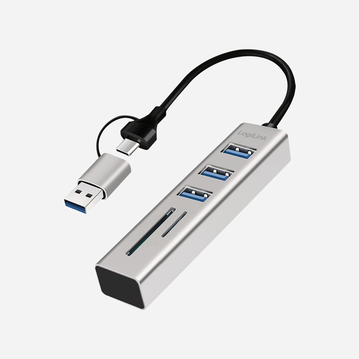 Hub USB LogiLink UA0445 USB 3.2 Gen 1 Type-A et Type-C 5000 Mbit/s lecteur SD/MicroSD aluminium gris - Le hub USB LogiLink UA0445 constitue une solution de connectivité professionnelle pour les environnements de travail modernes nécessitant une extension de ports performante. Son boîtier en aluminium gris assure robustesse et dissipation thermique optimale lors d'utilisations intensives. Avec ses 4 ports USB 3.2 Gen 1 Type-A et 3 ports Type-C, ce hub répond aux besoins de connexion simultanée de multiples périphériques : disques durs externes, claviers, souris, imprimantes ou écrans. Le taux de transfert de 5000 Mbit/s garantit des échanges de données rapides, particulièrement appréciable pour la sauvegarde de fichiers volumineux ou le travail avec des supports de stockage externes. L'intégration de deux lecteurs de cartes mémoire SD et MicroSD élimine le besoin d'adaptateurs supplémentaires, facilitant l'importation de contenus photo et vidéo depuis appareils numériques, drones ou caméras d'action. Cette fonctionnalité s'avère particulièrement utile pour les professionnels de la création de contenu et les équipes marketing. La compatibilité multiplateforme avec Windows, MacOS, Linux, ChromeOS, Android, iOS et iPadOS assure une intégration transparente dans tout environnement informatique hétérogène. La technologie Plug and Play permet une mise en service immédiate sans installation de pilotes. Les protections intégrées contre les surcharges et surintensités sécurisent vos équipements connectés. Alimenté par USB avec une consommation maximale de 4,5 W, ce hub compact de 46,5 grammes s'emporte facilement en déplacement professionnel. L'adaptateur USB Type-C vers Type-A inclus garantit la compatibilité avec les ordinateurs portables récents équipés uniquement de ports Type-C, offrant ainsi une flexibilité d'utilisation maximale.