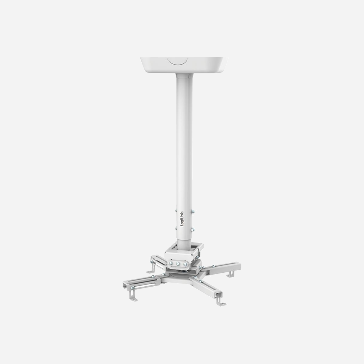 Support plafond LogiLink BP0157 pour projecteur charge maximale 35kg dimensions 470x470x895mm blanc - Le support plafond LogiLink BP0157 offre une solution de montage professionnelle et polyvalente pour vos installations de vidéoprojection en environnement professionnel. Conçu pour accueillir des projecteurs jusqu'à 35 kg, ce support garantit une fixation sécurisée et stable pour la majorité des équipements du marché. Sa conception téléscopique constitue un atout majeur pour l'installation. Le réglage manuel de la hauteur entre 595 et 895 mm permet d'adapter précisément la position du projecteur selon la configuration de votre salle de réunion, auditorium ou espace de formation. Cette flexibilité facilite l'alignement optimal avec votre surface de projection. Le système d'ajustement multi-axes offre une liberté totale de positionnement : rotation complète à 360°, inclinaison de -20 à +20° et oscillation de -8 à +8°. Ces quatre points de pivot permettent un réglage millimétré pour obtenir une image parfaitement cadrée, même dans les configurations architecturales complexes. La gestion intégrée des câbles assure une installation soignée et professionnelle en dissimulant les connexions HDMI, VGA ou d'alimentation. Cette attention au détail contribue à l'esthétique générale de vos espaces professionnels. Fabriqué en acier et plastique robuste dans une finition blanche discrète, le BP0157 s'intègre harmonieusement aux plafonds clairs. Avec un poids de 4,38 kg et des dimensions de base de 470x470 mm, il offre un excellent compromis entre solidité structurelle et discrétion visuelle. Livré avec la visserie nécessaire et un manuel d'utilisation, ce support facilite une installation rapide par vos équipes techniques ou prestataires audiovisuels.