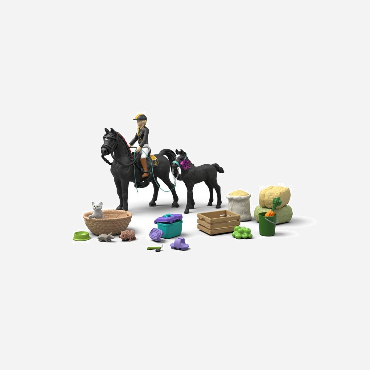 Calendrier de l'Avent schleich HORSE CLUB avec jument Arabe, poulain et accessoires équestres Tori - Le Calendrier de l'Avent schleich HORSE CLUB transforme l'attente de Noël en une expérience ludique et éducative pour les jeunes passionnés d'équitation. Conçu pour les enfants de 6 à 12 ans, ce coffret offre 24 surprises qui reconstituent un univers équestre complet et réaliste. Chaque jour révèle un nouvel élément permettant de composer une scène de vie authentique : une magnifique jument Arabe accompagnée de son poulain, la cavalière Tori, ainsi qu'une collection complète d'accessoires équestres. Les enfants découvrent progressivement tout le nécessaire pour prendre soin des chevaux : selle, bride, licol, tapis de selle, étrille, casque de protection, mais aussi les éléments du quotidien comme le sac d'avoine, les balles de foin et de paille, les seaux et écuelles. La richesse du contenu favorise le jeu de rôle et l'apprentissage des gestes de soin aux chevaux. Les enfants reproduisent les rituels équestres : étriller les animaux, préparer le harnachement, nourrir et soigner leurs compagnons. Les détails réalistes des 21 pièces incluses stimulent l'imagination et permettent de créer des histoires variées. Fabriquées en plastique de qualité schleich, les figurines résistent aux manipulations répétées et conservent leurs détails précis. Le format compact facilite le rangement après les fêtes, tandis que les accessoires enrichissent durablement les collections HORSE CLUB existantes. Ce calendrier constitue une solution idéale pour les professionnels souhaitant proposer un produit festif combinant l'attente de Noël et une valeur ludique durable, bien au-delà de la période des fêtes.