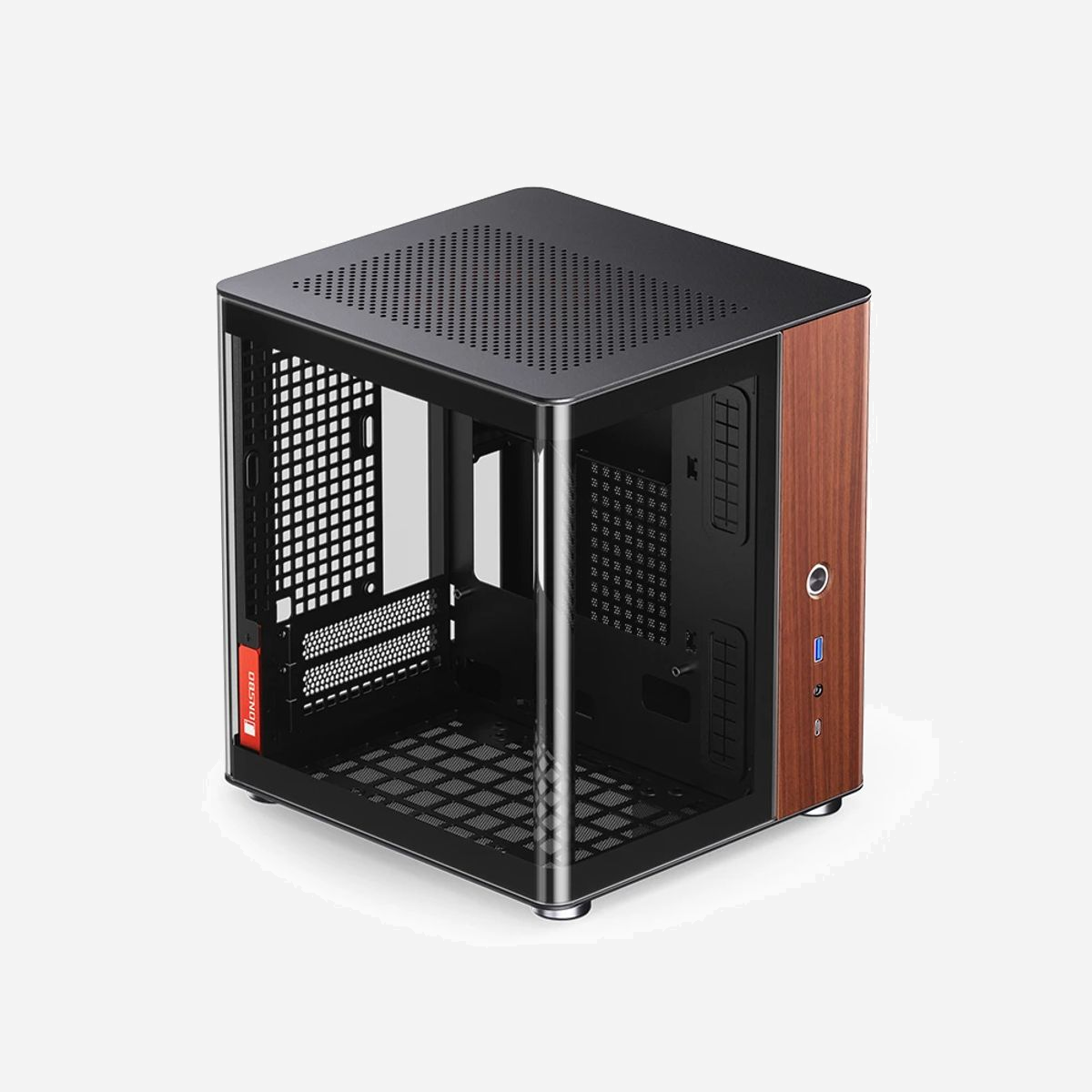 Boîtier PC Jonsbo TK-0 BLACK Mini-ITX noir et bois alimentation SFX ventilateurs 90/120/140mm HDD 3.5" SSD 2.5" - Le boîtier Jonsbo TK-0 BLACK réinvente l'esthétique des configurations Mini-ITX en associant élégance naturelle et performances compactes. Son design unique marie panneaux en bois véritable et structure en acier noir, offrant un caractère distinctif qui s'intègre aussi bien dans un environnement professionnel que dans un espace de travail moderne. Avec ses dimensions contenues de 235 x 250 x 280 mm, ce boîtier Mini-ITX optimise l'espace sans compromettre les capacités techniques. Il accueille des cartes graphiques jusqu'à 23 cm, un refroidisseur CPU de 13,5 cm de hauteur, et propose des options de stockage flexibles avec un emplacement HDD 3.5" et un SSD 2.5", idéal pour les configurations bureautiques ou créatives nécessitant puissance et compacité. La gestion thermique bénéficie d'une ventilation modulaire avec support de ventilateurs de 90 mm à l'arrière, et de 120 ou 140 mm en positions supérieure et inférieure. Cette polyvalence permet d'adapter le refroidissement selon les composants installés et les exigences acoustiques. Le panneau frontal moderne intègre une connectique USB 3.2 Gen 1 Type-A et un port USB Type-C Gen 2x2, garantissant compatibilité et débits élevés pour les périphériques actuels. La sortie audio frontale complète l'ergonomie quotidienne. Compatible avec les alimentations SFX jusqu'à 16 cm, le TK-0 BLACK s'adresse aux intégrateurs recherchant un équilibre entre esthétique soignée, encombrement réduit et performances adaptées aux usages professionnels exigeants.